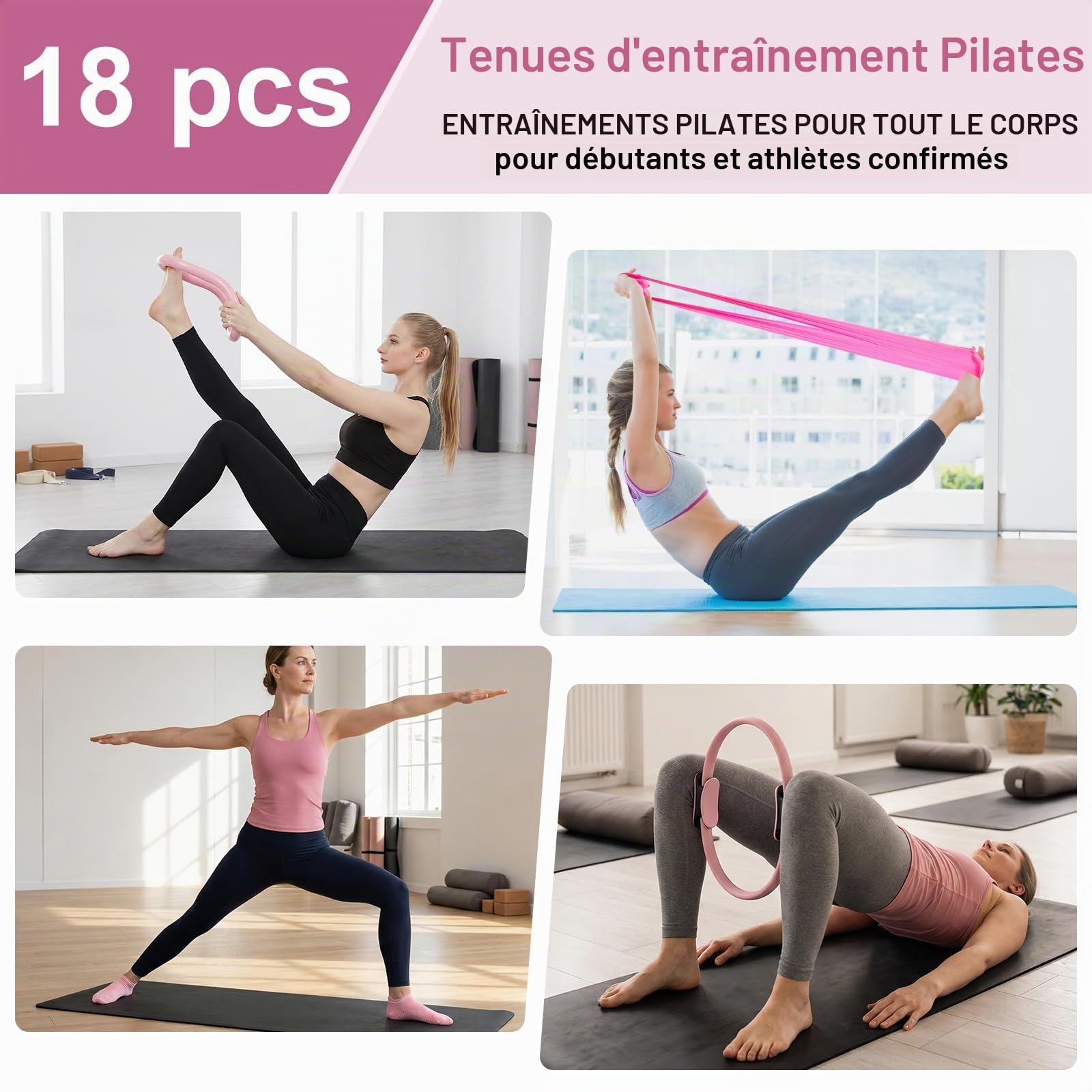 Ensemble de 18 pièces pour Pilates, anneau de Pilates, balle de yoga, bande de fitness, anneau de tension, anneau de massage et sac