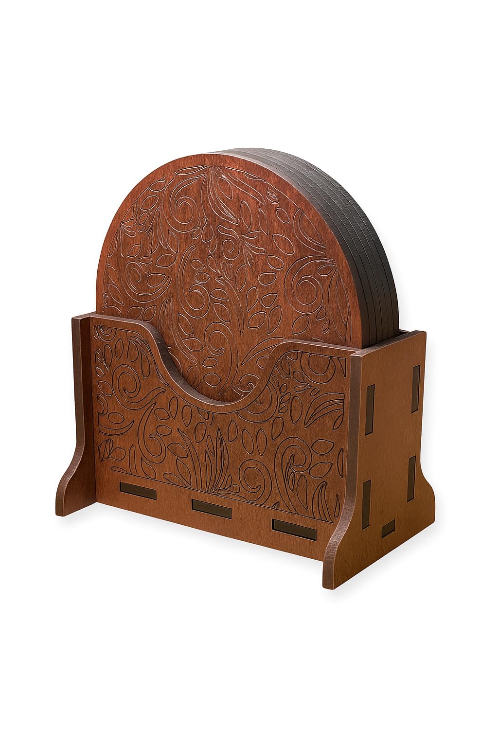 Nishomes Wooden Coaster Set with Holder, 6 Pieces, Brown, Round, Engraved Floral Design