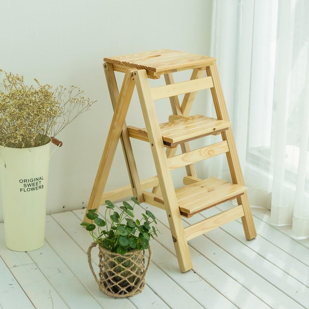 LUNEZY 3 Step Ladder-Free Installation, Multi-Function Household Folding Ladder, Solid Wood bar Stool, Indoor Thickened Ladder Rack, Flower Rack (Color : C, Size : 66 * 55 * 42cm)