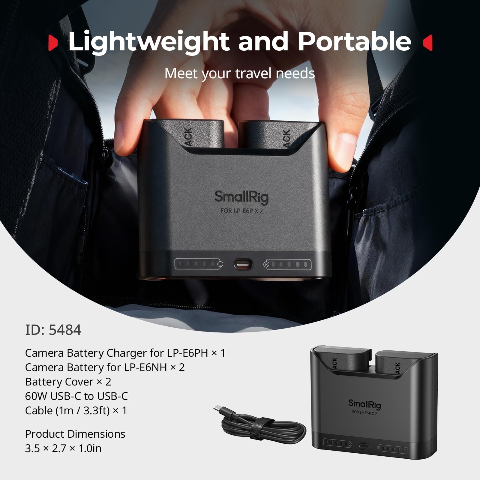 SMALLRIG Zestaw akumulatorów do Canon LP-E6NH, ładowarka z dwoma gniazdami 22,5 W i akumulatorami o pojemności 1940 mAh, w pełni kompatybilny z do Canon EOS R6II/III, 5D II/III/IV, 6/7D, 6/7DII- 5484
