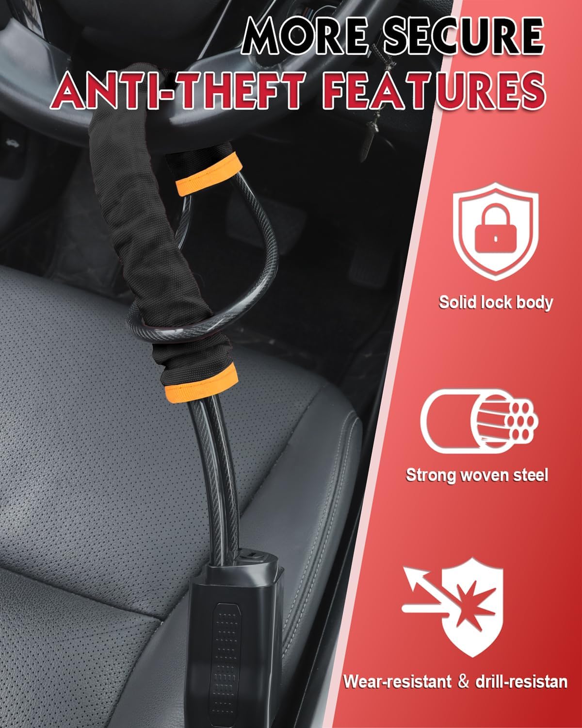 Steering Wheel Lock Anti-Theft Device, Adjustable Car Security Lock with Seat Belt Design, 10 mm Braided Steel Cable, Universal Fit for Cars, SUVs, Trucks, Vans