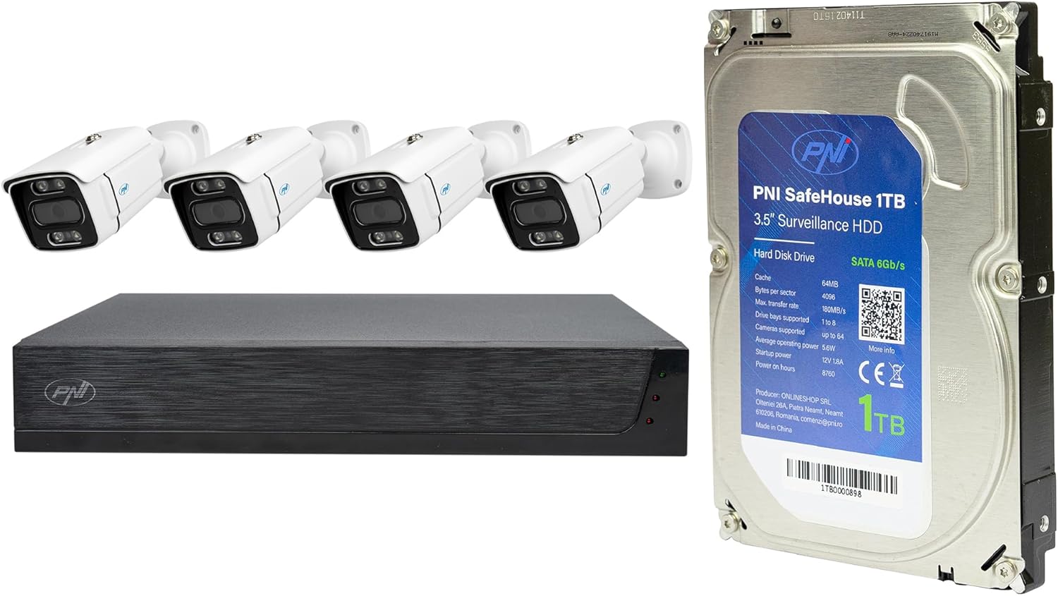 PNI House IPMAX POE 3 Video Surveillance kit, NVR with 4 POE Ports with 4 3MP IP Cameras, Outdoor and PNI SafeHouse 1TB HDD Included