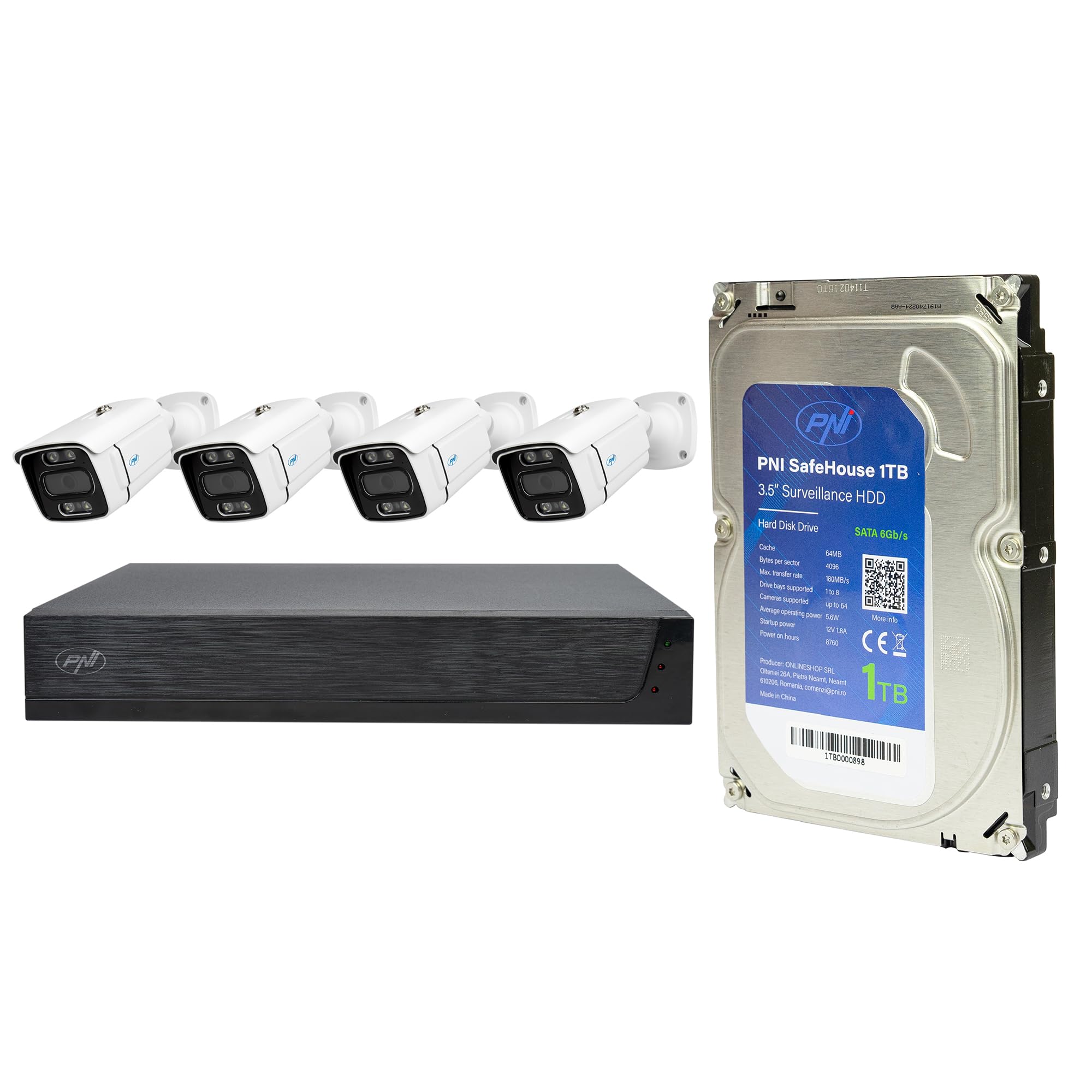 Cámaras de videovigilancia PoE de 3 MP para exterior con grabador NVR y disco duro de 1 TB PNI