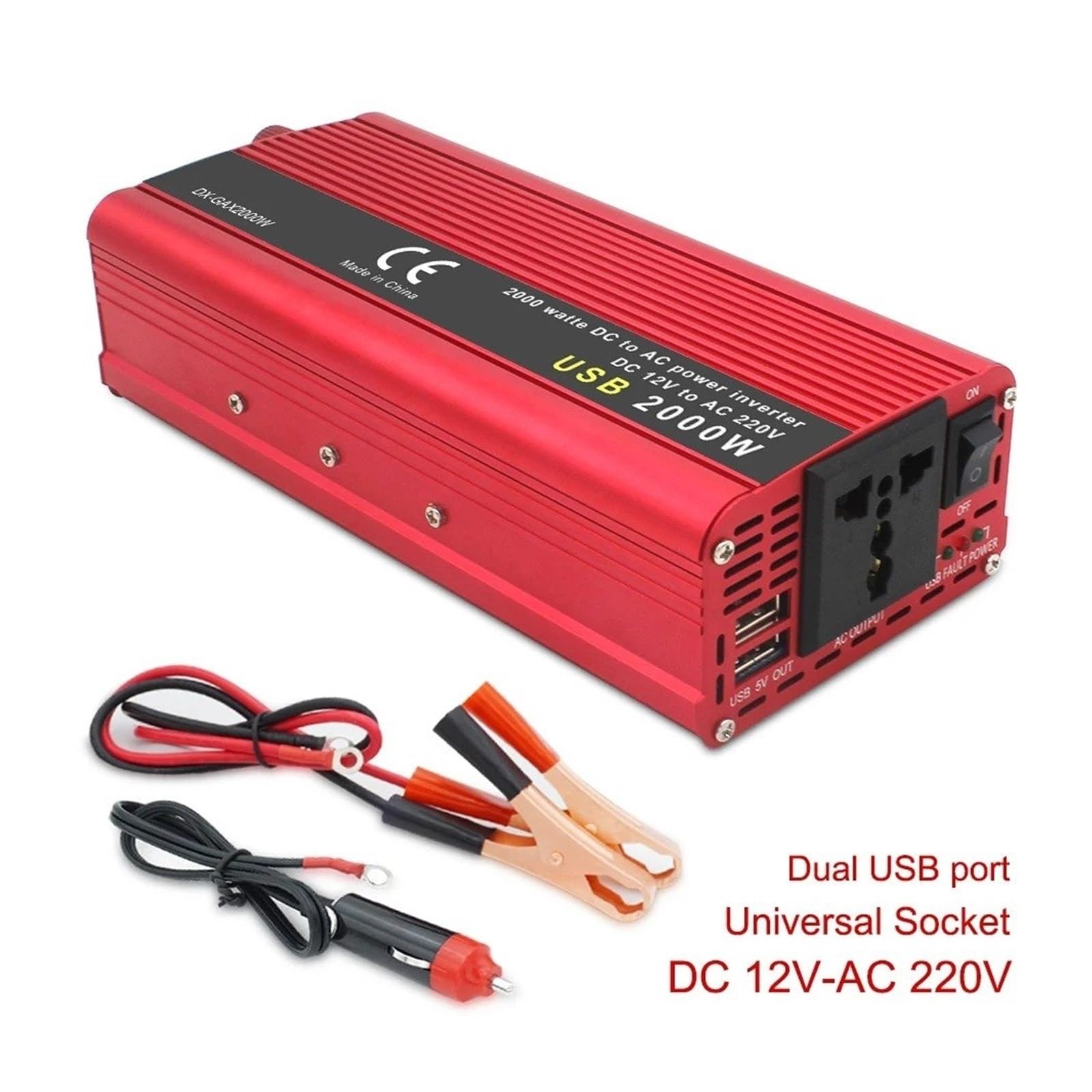 Inversor Corriente Universal para Coche 50 Hz 60 Hz 1500 W 2000 W 2600 W CC 12 V A CA 220 V Adaptador Batería Convertidor(12V,2000W Red,Universal 60Hz)