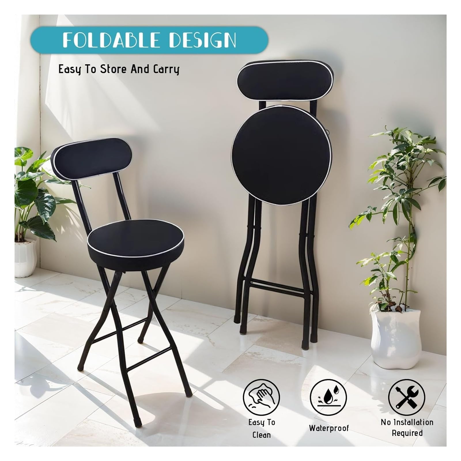 Seggiolone portatile pieghevole in metallo, sgabello con schienale e poggiapiedi, capacità di 100 kg, per sala giochi e ufficio, design imbottito (nero, 70 cm)
