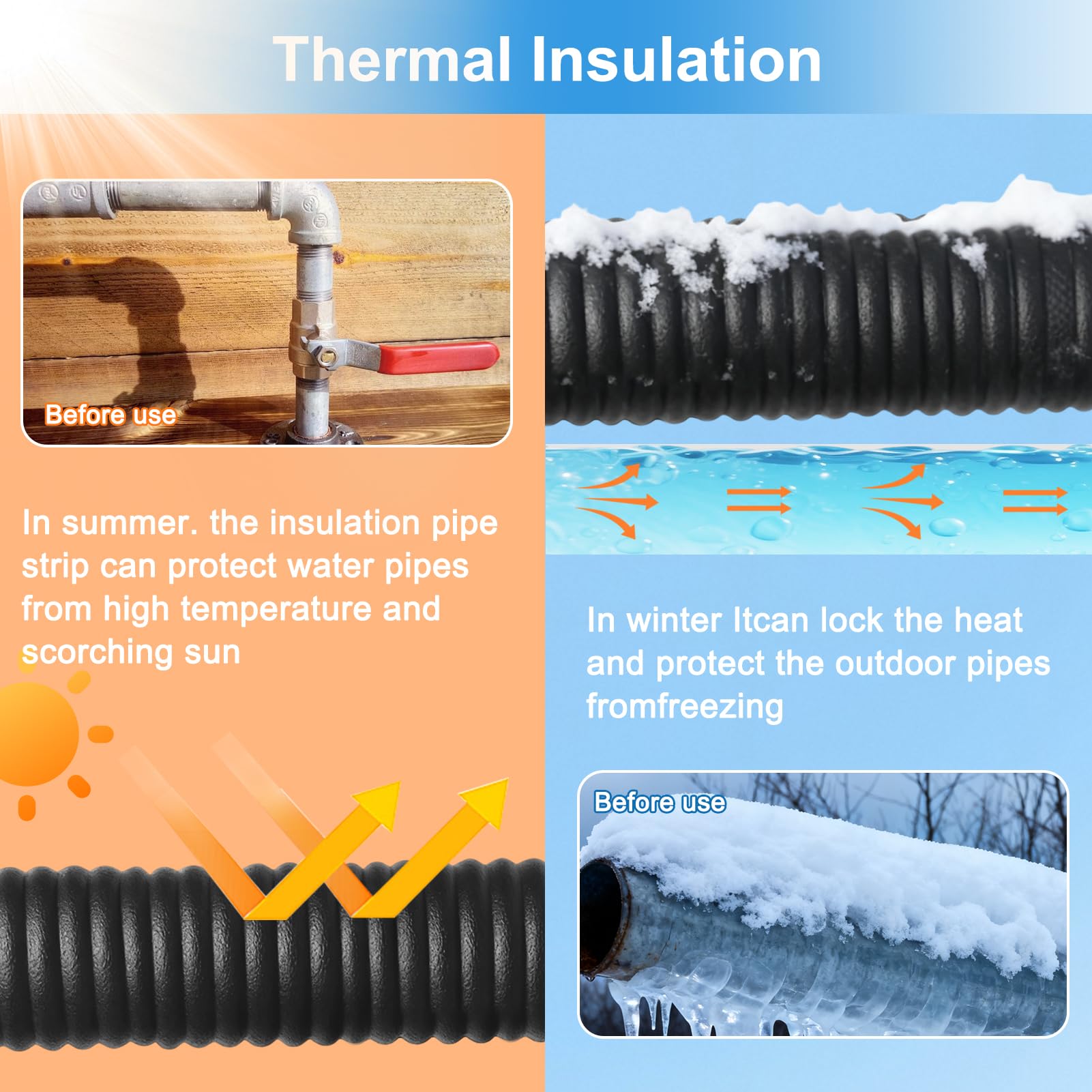 Bande d'isolation auto-adhésive pour tuyau d'eau en plein air, bande de réduction du bruit, bande d'isolation en mousse d'hiver, 2 m x 8 cnm pour protection contre le gel en hiver (noir)