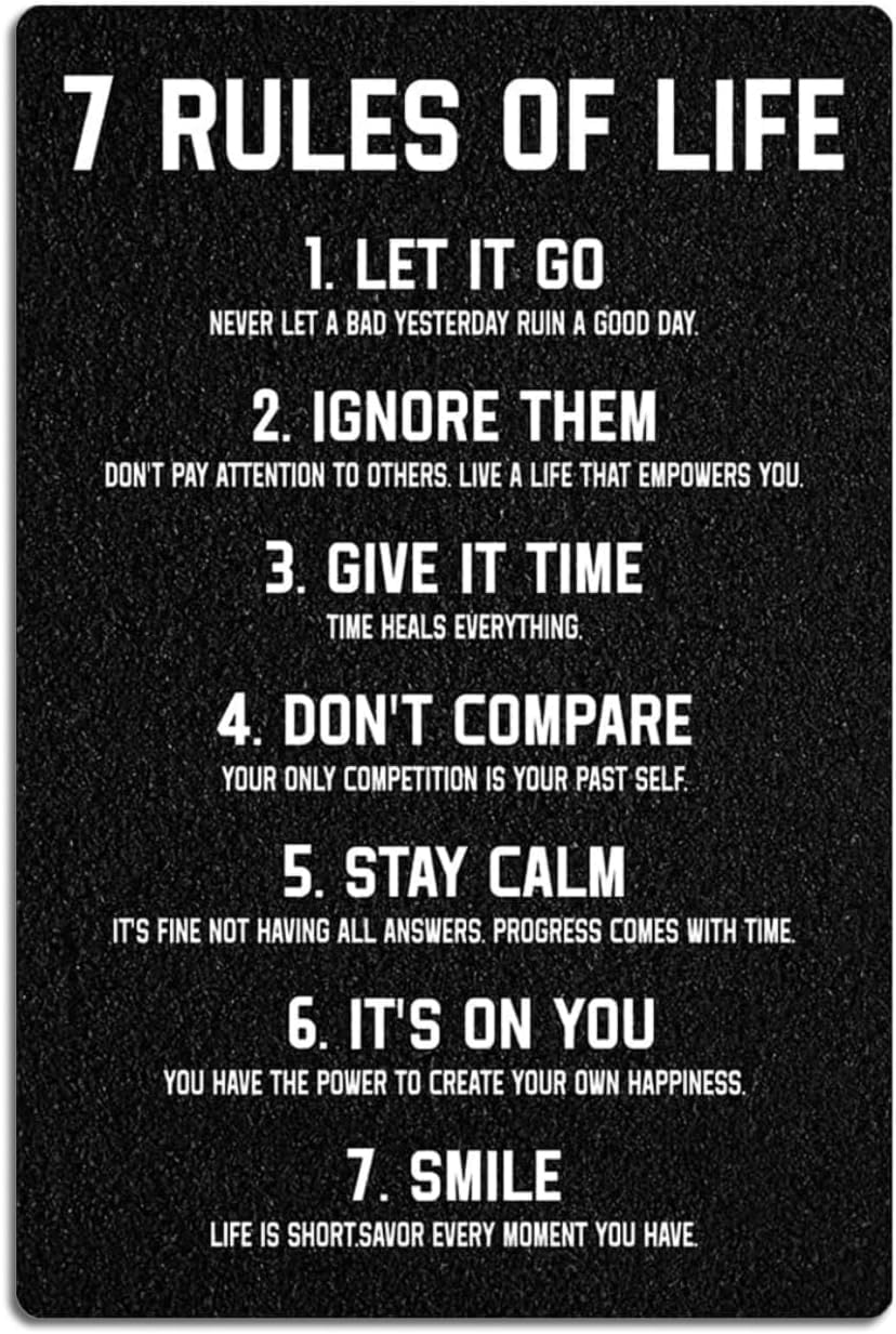 SMAZDFXX 7 Rules of Life Metal Poster Inspirational Tin Sign for Teen Bedroom Decor Home Office Classroom Cafes Bar Club Motivational Wall Decor 12"x16"