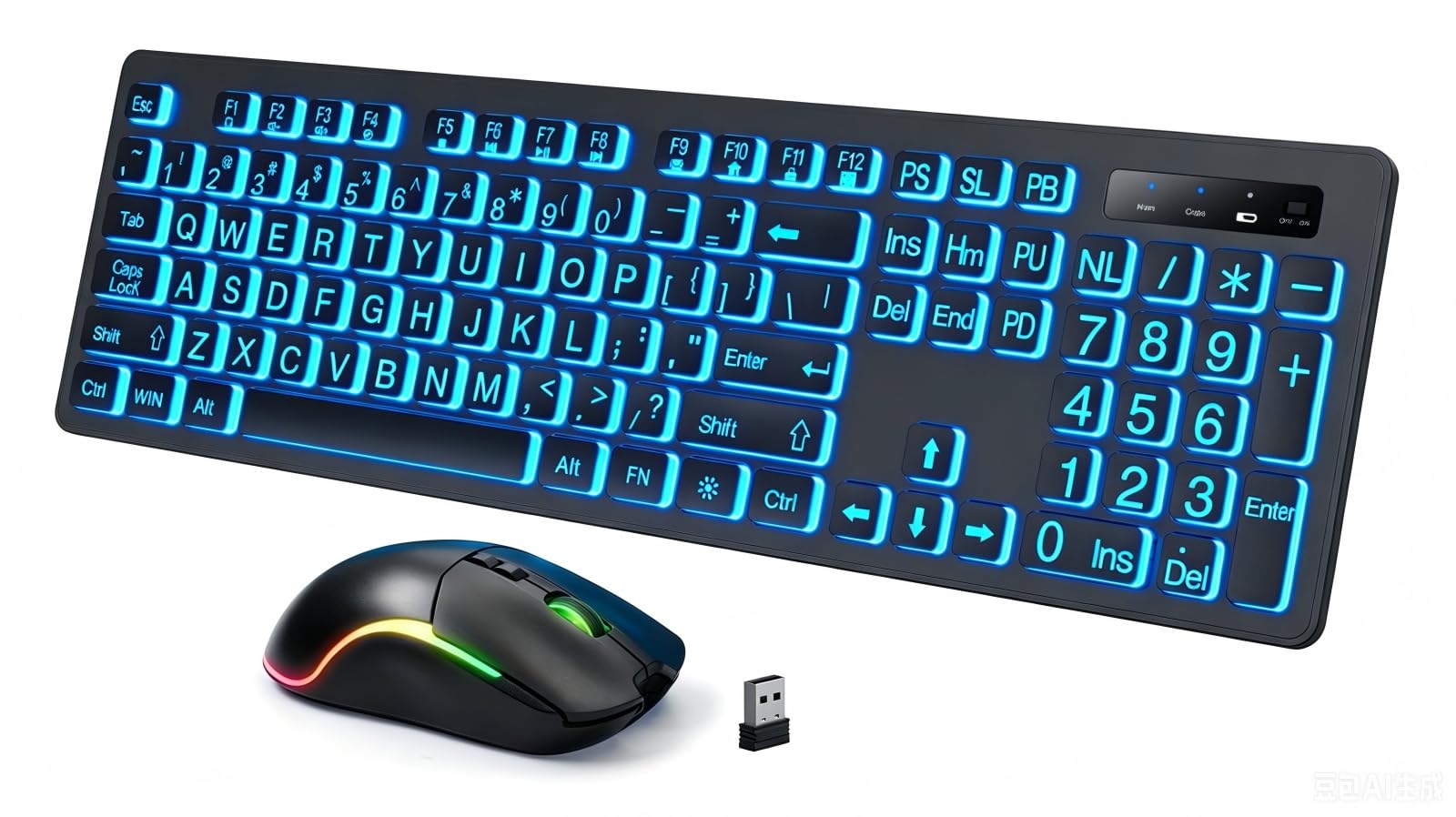 light up keyboard and mouse wireless, adjustable brightness & color, rechargeable, light up letters,2.4g usb full size backlit keyboard mouse for windows, pc, laptop, desktop, gaming (large print)