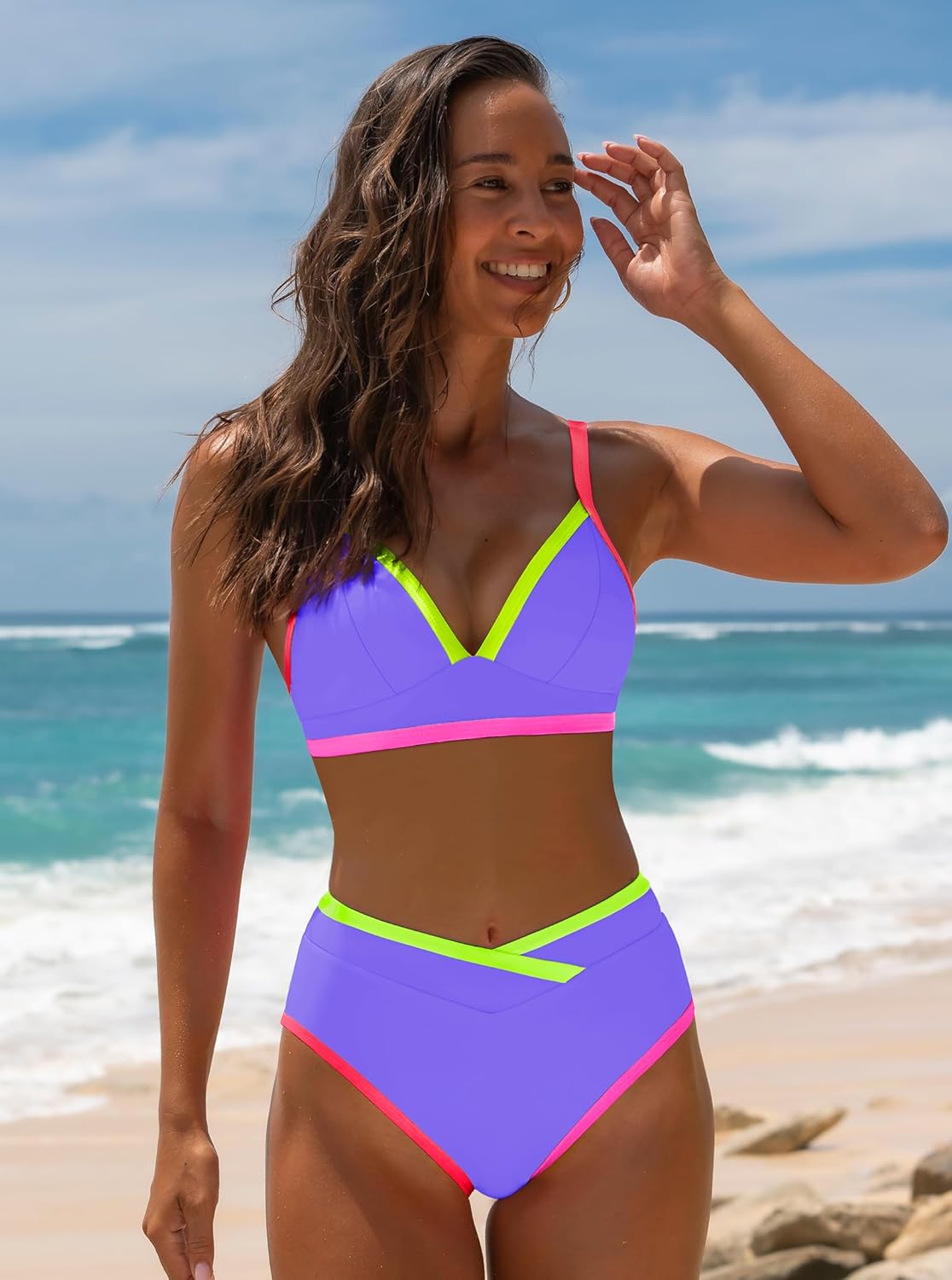 popvil High Waisted Bikini Sets for Women Neon Two Piece Swimsuit Sexy High Cut 2026 Bathing Suit