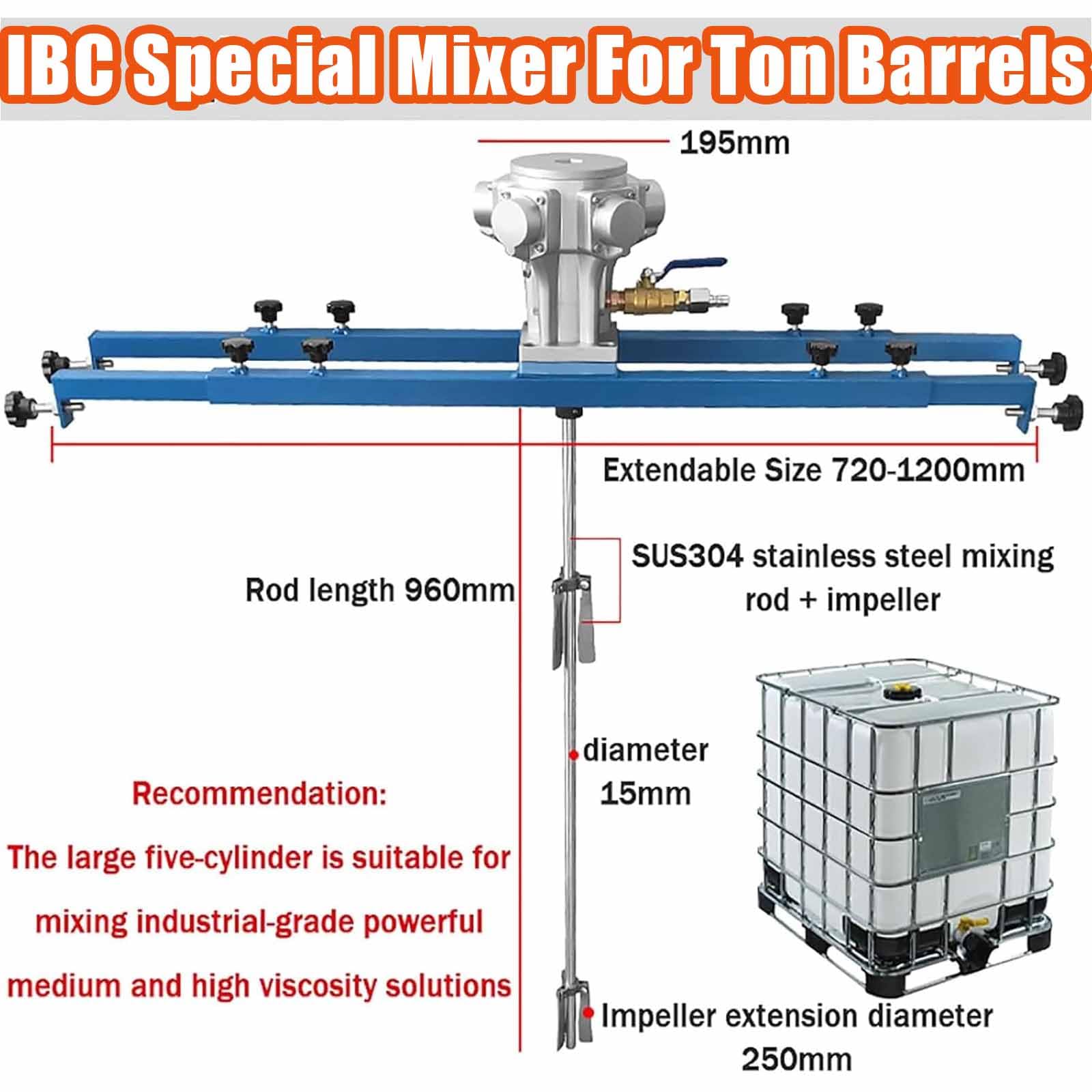 Agitadores Neumáticos para IBC, Mezcladores De Tanque con Motor Neumático De 5 Cilindros Y Hélice Plegable, 0-1300 RPM, Capacidad De Agitación De 1000 Kg, Diámetro del Impulsor De 250 Mm