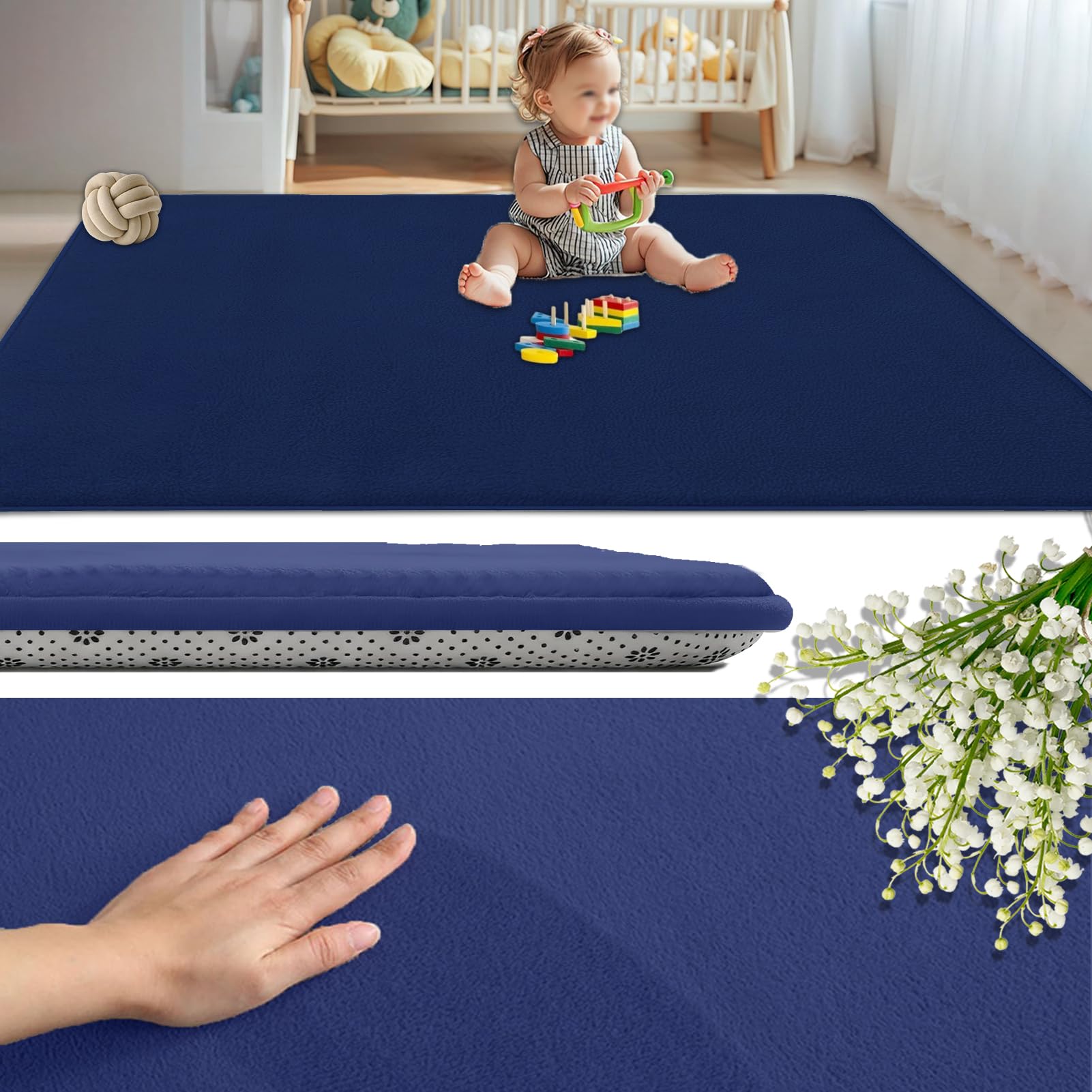 Coral Velvet Baby Play Mat 2CM Thick, Non-Slip Backing Playmat for Floor Playroom Bedroom Yoga Mat 40 x 120 cm Large Memory Foam Area Rugs for Crawling Soft Play Tummy Time Activity Dark Blue