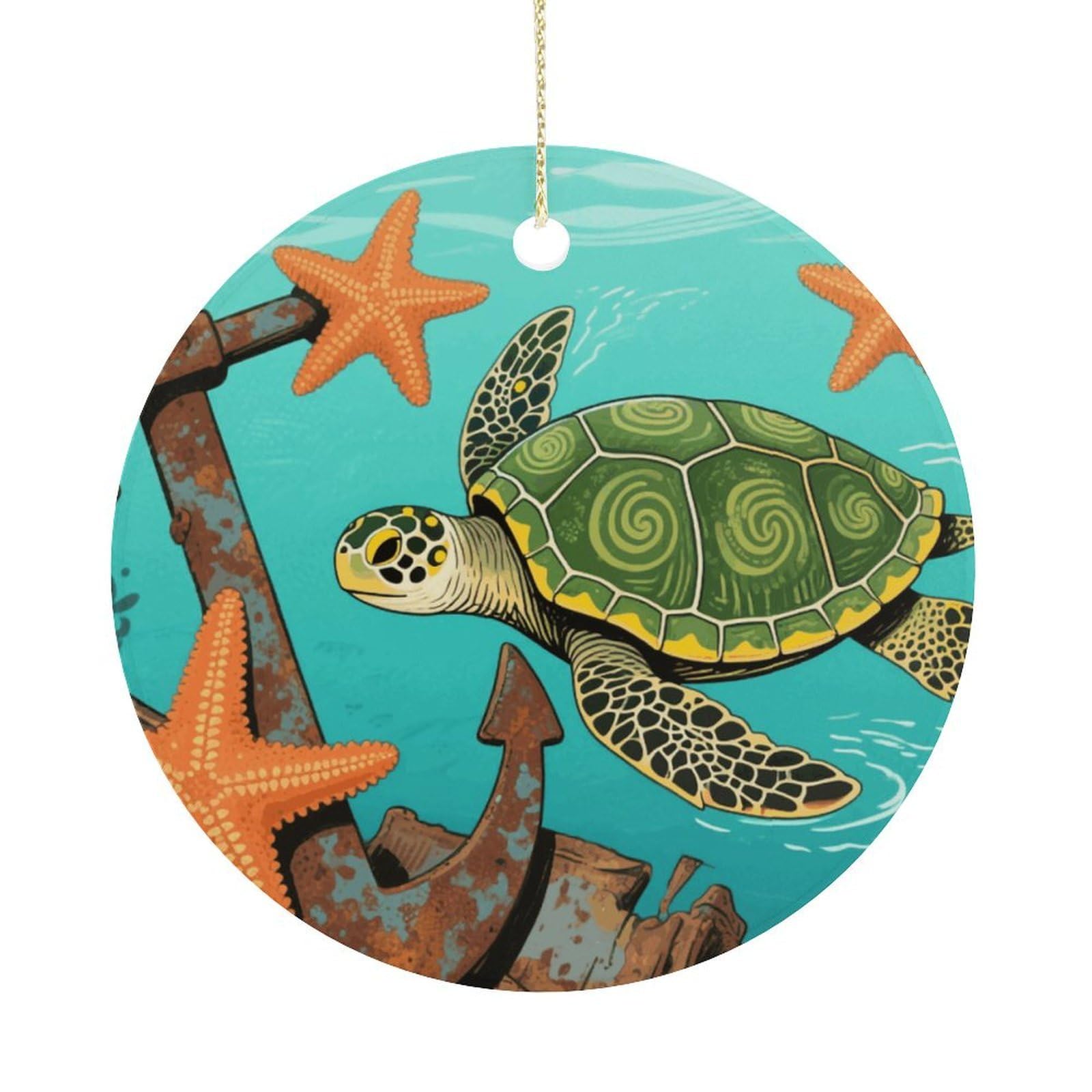 Personalized Christmas Ornaments 2025 Ceramic Hanging Vintage Ocean Turtle Starfish Ornaments with Gold String Double-Sided Vintage Holiday Decorations for Tree Mantel Tabletop Xmas Party Favors