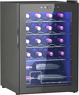 HOMCOM Cave à vin 20 bouteilles 53L réfrigérateur à vin silencieux avec porte en verre, éclairage LED, écran tactile numérique, frigo vin contrôle de la température 5-18°C, protection UV, noir