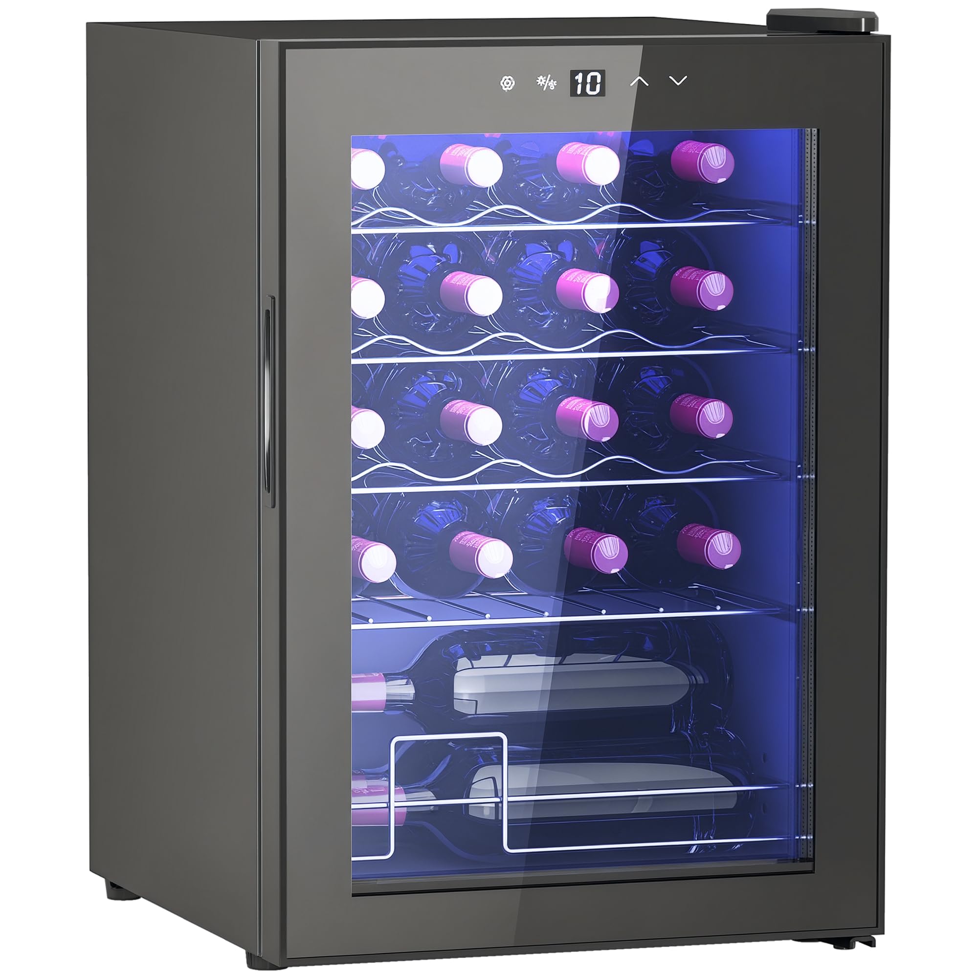HOMCOM Cave à Vin 20 Bouteilles 53L, Réfrigérateur à Vin Silencieux Porte Verre LED Écran Tactile Numérique Contrôle Température 5-18°C Protection UV Noir