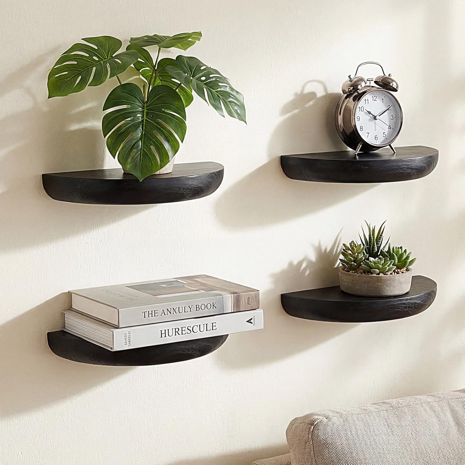 4 Pcs Solid Wood Half Round Floating Wall Shelves, Elegant Floating Wooden Shelves, 8.27 Inch Wall Shelf for Living Room, Bathroom, Bedroom, Offices, Pictures Plant Book(Light Brown)