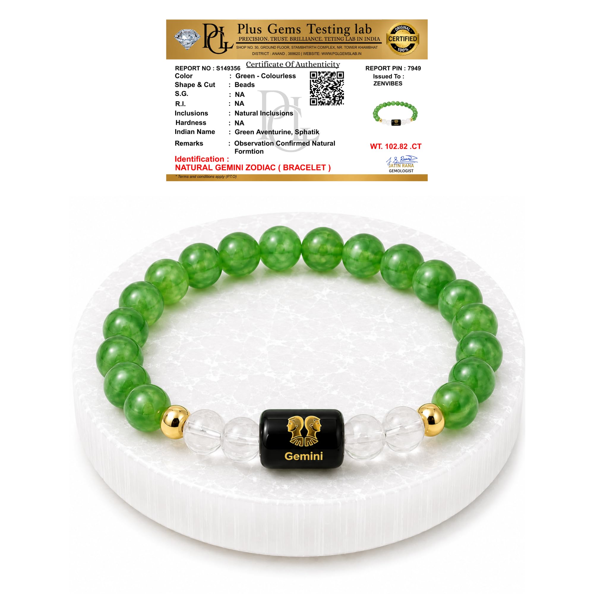 Zenvibes Green Aventurine & Milky Quartz Bracelet for Gemini मिथुन राशि Zodiac | Mithun Rashi Bracelet for Men & Women | Certified Natural Crystal Stone Bracelets for Positive Energy, Gift