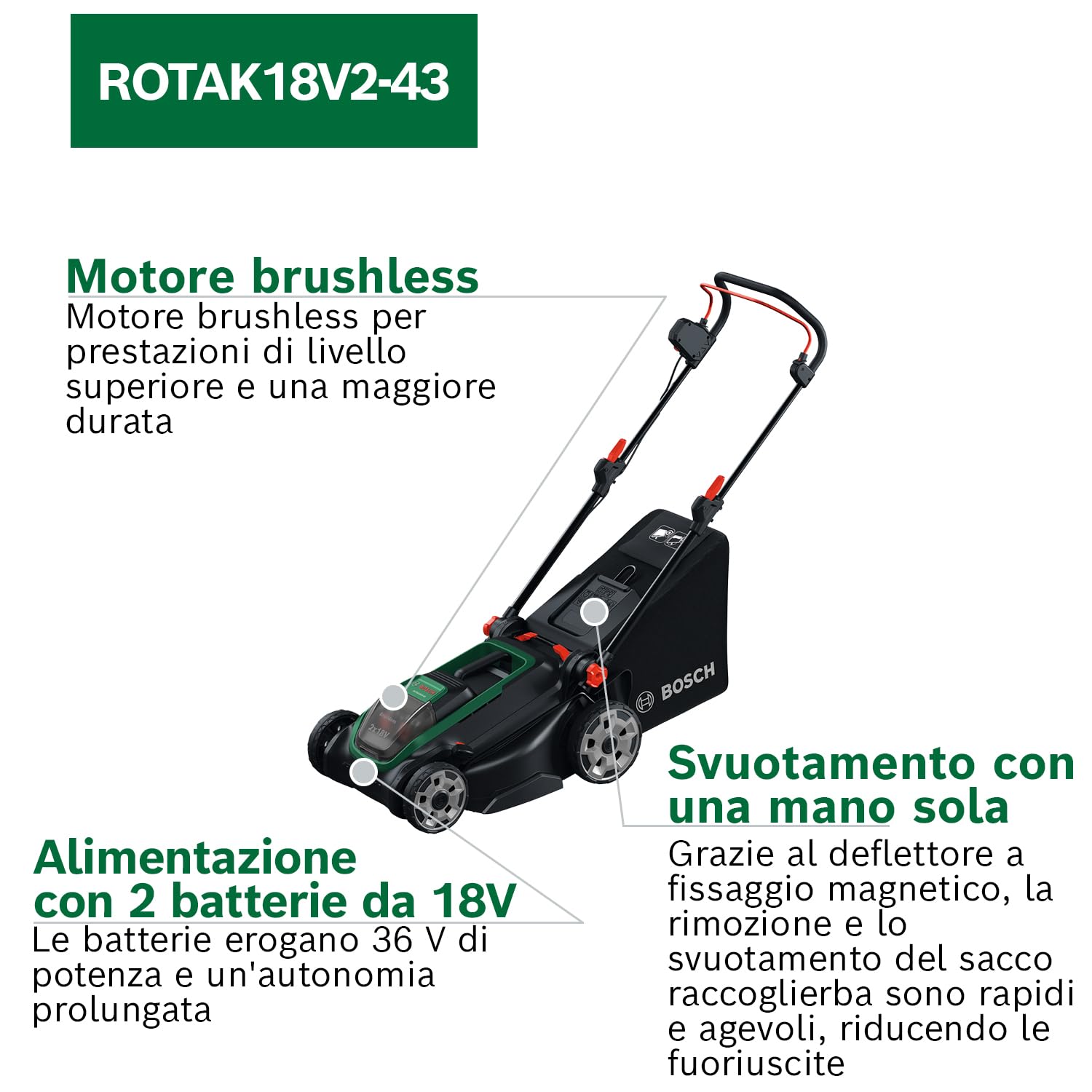 Bosch Rasaerba a batteria ROTAK18V2-43 (larghezza di taglio: 43 cm, altezza di taglio: 30-75 mm, sacco raccoglierba in tessuto da 50 l, tappo per pacciame, inclusi 2 batterie da 18 V e caricabatteria)