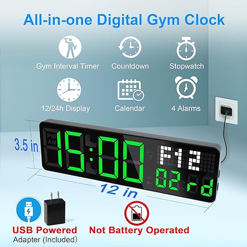 Miniatura 2 de Temporizador de gimnasio, reloj de pared digital de 12 pulgadas con fecha de segundos para gimnasio en casa, 5 modos de visualización, 4 alarmas,