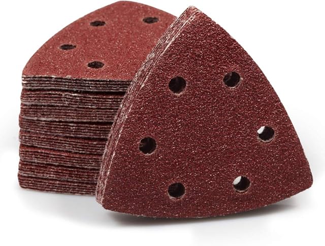 SPEEDWOX 50 Pcs Triangle Sanding Pads Hook and Loop 40 Grit Oscillating Sanding Pad 90mm 6 Holes Fit 3-1/2 Inches Oscillating Multi Tool Detail Sander Sandpaper Triangle Sanding Discs Sanding Tool