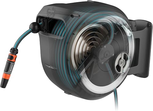 Gardena wall-Mounted Hose Box Rollup L (White) 30 m Exclusively for Amazon: Swivelling Hose Box, Integrated Hose Guide, incl. 30 m Gardena Quality Hose, Cleaning Spray and Shower Head (18627-38) - 7