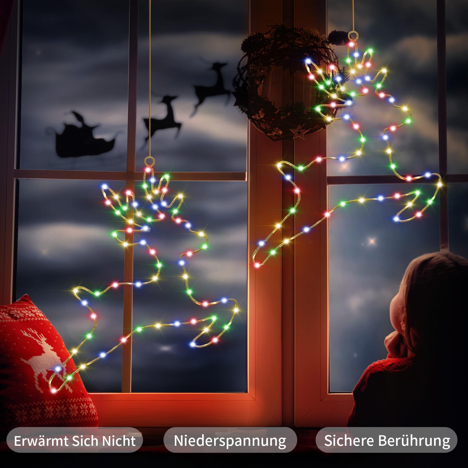 Catena luminosa illuminata con renna decorativa natalizia, 2 pezzi 80 LED, funzionamento a batteria, illuminazione natalizia per finestra con timer, 8 modalità, luci natalizie, decorazione per
