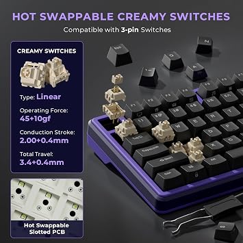 RK ROYAL KLUDGE X87 Mechanical Keyboard 75% Wired Keyboard Gaming with 86 Keys, Gasket Mount, Ice-Blue Backlight, Purple Shell Design, Software Support, Hot-Swappable Creamy Switch Black