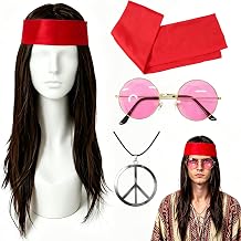 Bvrbaory Hippie Accessories for Men,4 Pcs Retro Hippie Costume Set with Hippie Wig,Sunglasses,Peace Necklace and Headband,60s 70s Disco Style,80s Retro Party,Halloween Fancy Dress