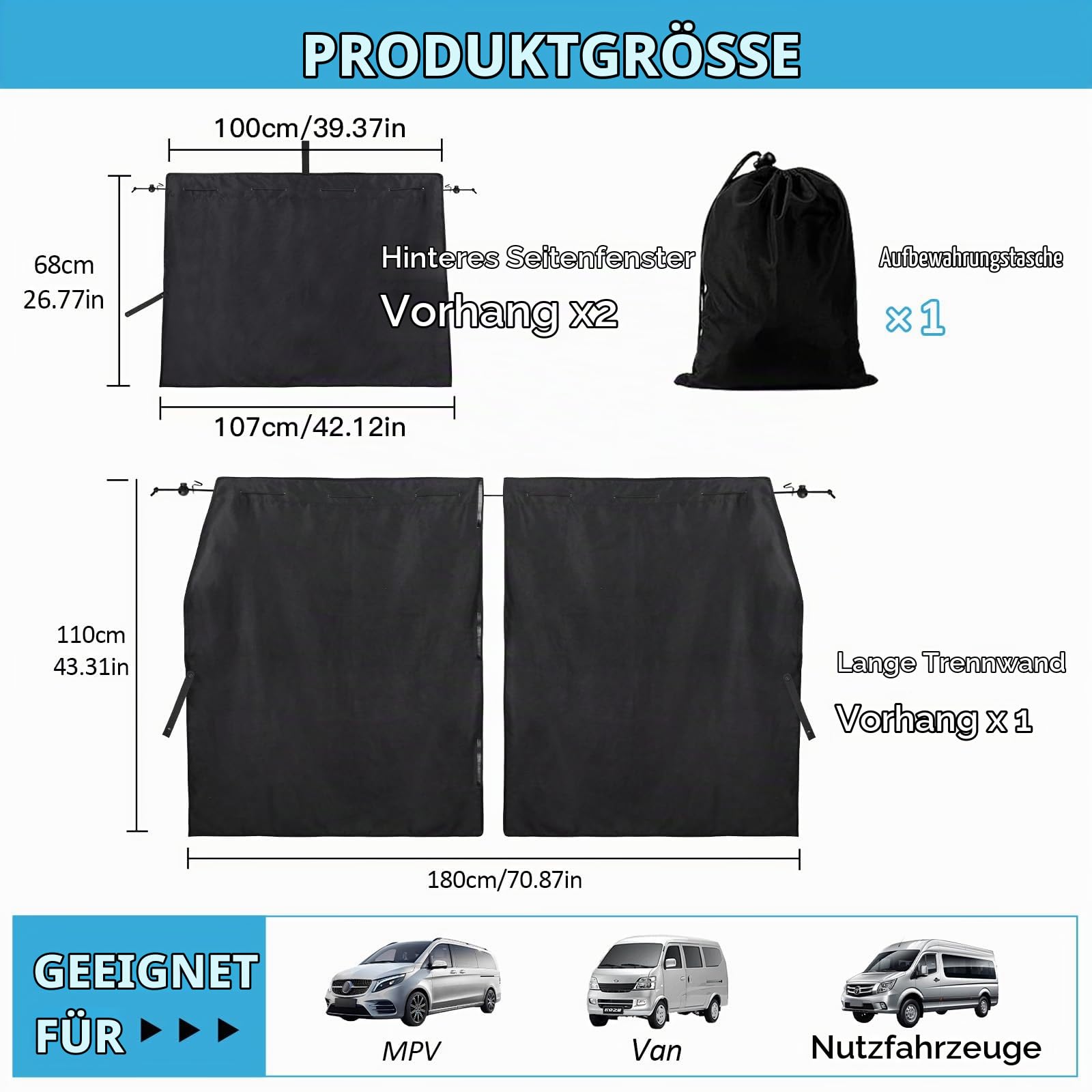 ZATOOTO 180 x 110 cm Auto Vorhang Innen, Sichtschutz Autofenster für Camper | 3 Stück, Mikrofaser-Wildleder, Seilmontage, Magnetverschluss, Abnehmbarer Trennvorhang, Gardinen Blickdicht, Sonnenschutz