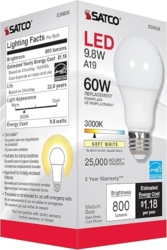 Miniatura 6 de Satco S39836/06 - Bombillas LED E26 de 9.8 W, 3000 K, clasificación de 25000 horas, regulable, 1 unidad (paquete de 6)
