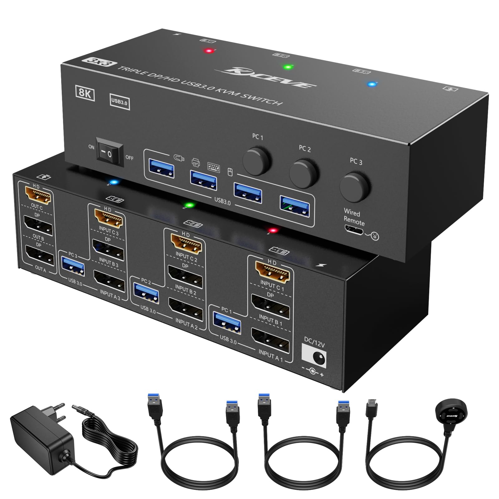 KVM Switch 3 Computer 3 monitory, KCEVE HDMI + DisplayPort USB 3.0 KVM, przełącznik 8K 30 Hz/4k 144 Hz, potrójny monitor KVM do 3 komputerów, 3 wyświetlaczy i 4 urządzeń USB 3.0