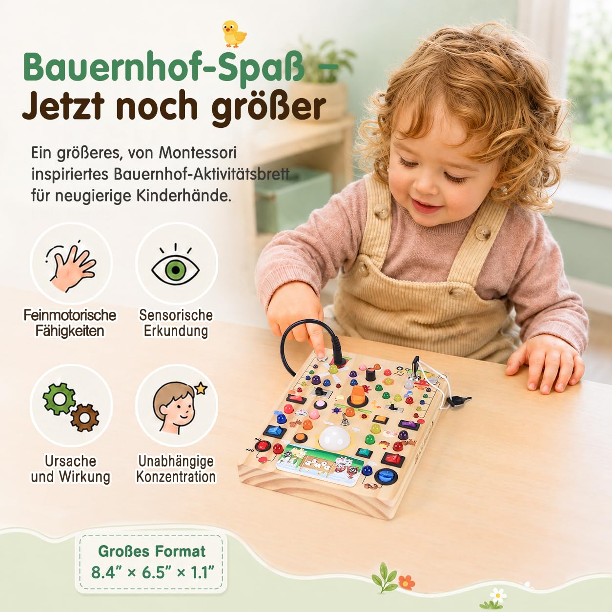 Montessori Giocattolo Busy Board a partire da 1 anno Activity Board in legno fattoria | Giocattolo per abilità motorie con 19 interruttori, 40 luci LED, giocattolo per bambini, regalo per ragazzi e ragazze