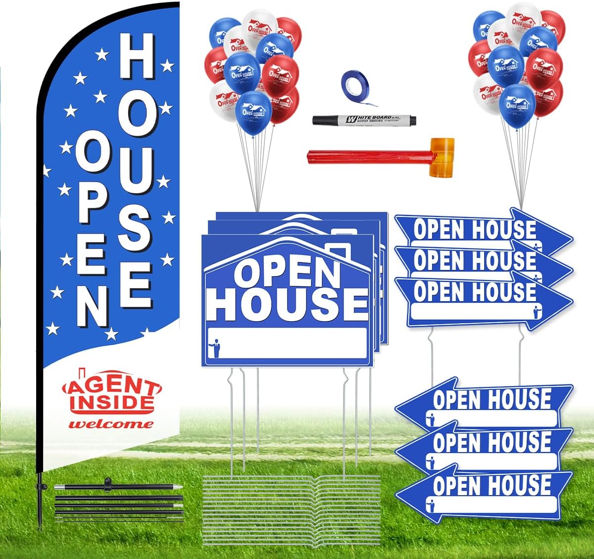 56 Piece Open House Signs for Real Estate Kit, 1 Open House Flag, 9 Double-Sided Estate Sale Arrows and Signs with Metal Stakes, Plus 24 Balloons, Suitable for Real Estate Brokerage Supplies (blue)