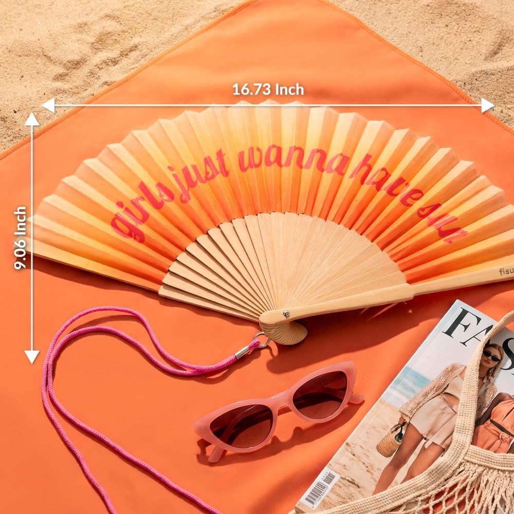 Fisura – Original folding fan with “Have Sun” message. Colorful wooden folding fan in orange gradient with strap included. Fun gift idea for travel beach days or summer events. 16.7 x 9 in. image 5