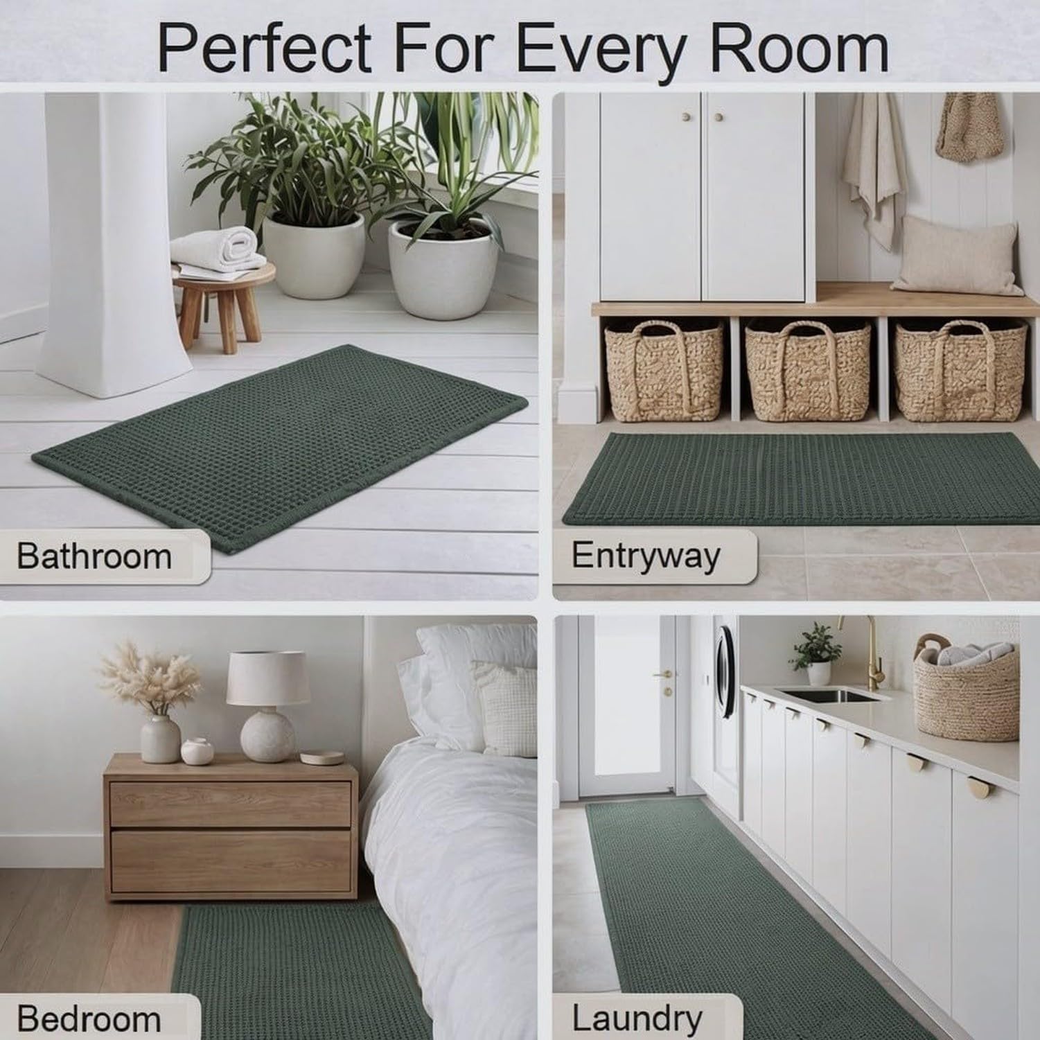 Alfombrilla de baño de gofre extra absorbente y antideslizante, diseño ultrasuave con borlas decorativas, lavable a máquina con respaldo de goma antideslizante,, Verde scuro, 46x76 cm (rettangolare)
