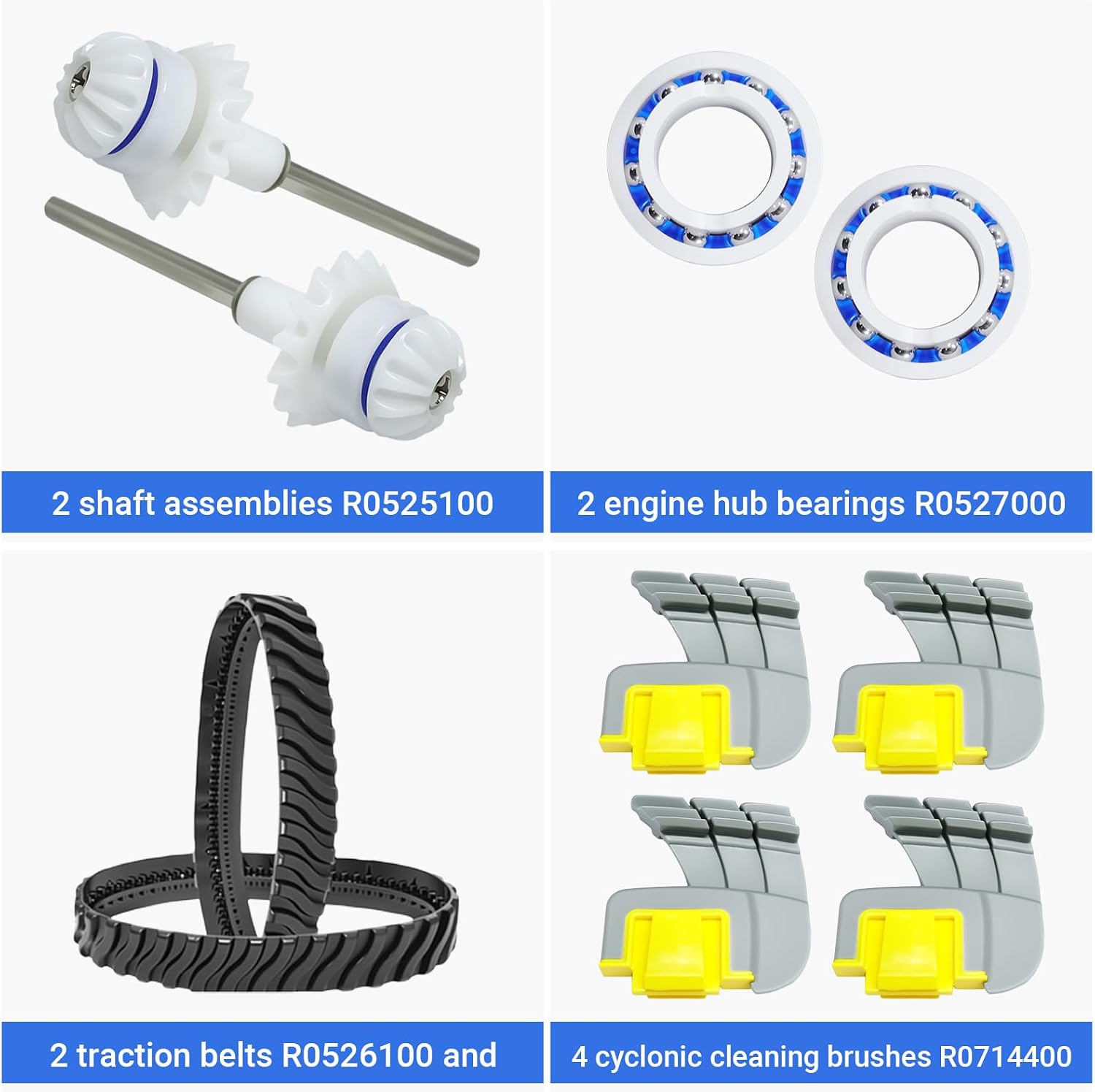 CVILL MX8 Pool Cleaner Parts for Zodiac MX8/MX8EL, Set Includes 2X Shaft Assembly R0525100, 2X Engine Wheel Bearing R0527000, 2X Traction Bands R0526100, and 4X Cyclonic Scrubbing Brushes R0714400