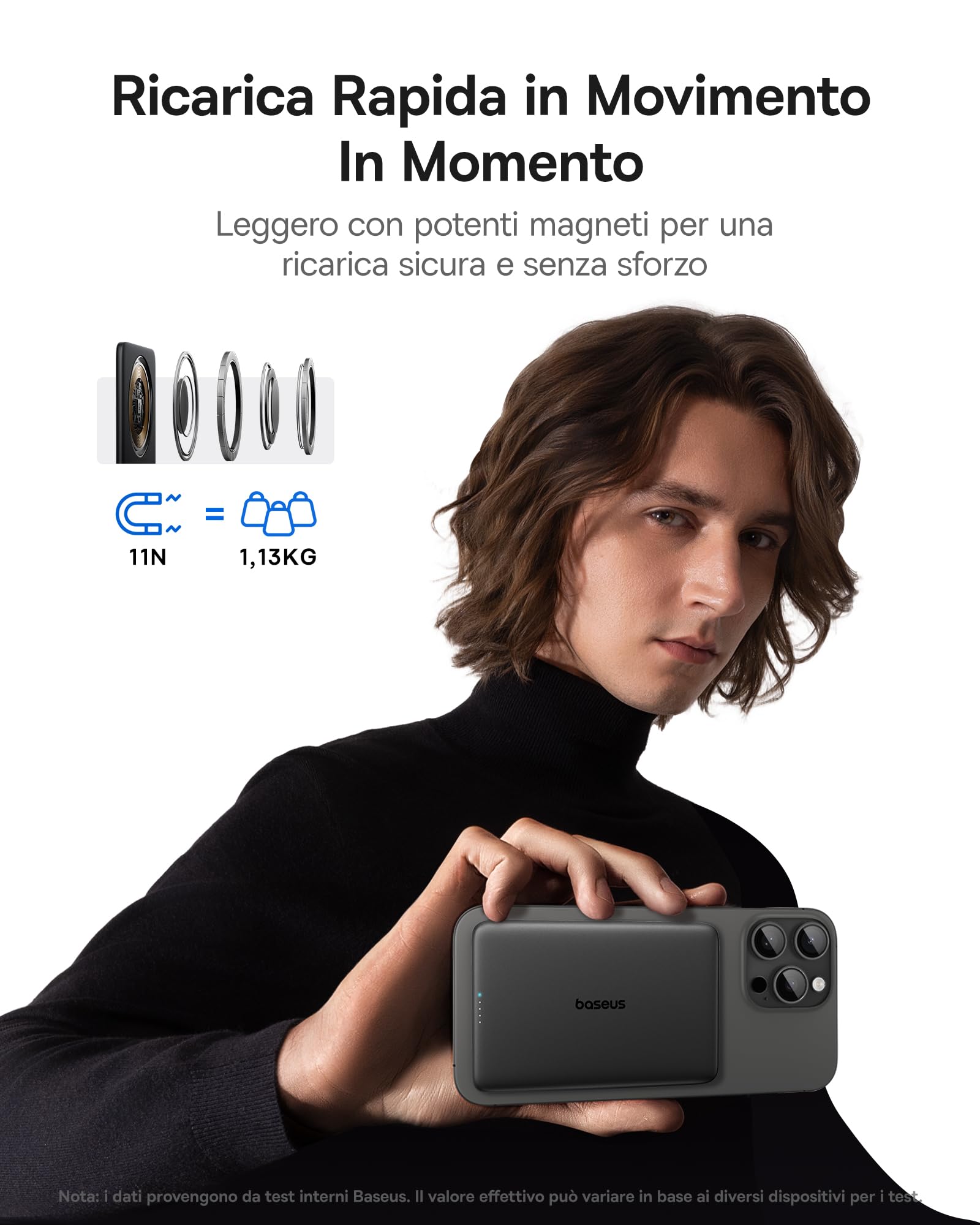 Baseus Picogo AM41 Power Bank, Ultra Slim 5000mAh Magsafe Powerbank, Ricarica Rapida PD 20W, Portatile, Magnetico Batteria Esterna Wireless con cavo USB C per iPhone 17/16/15/14/13/12, Nero