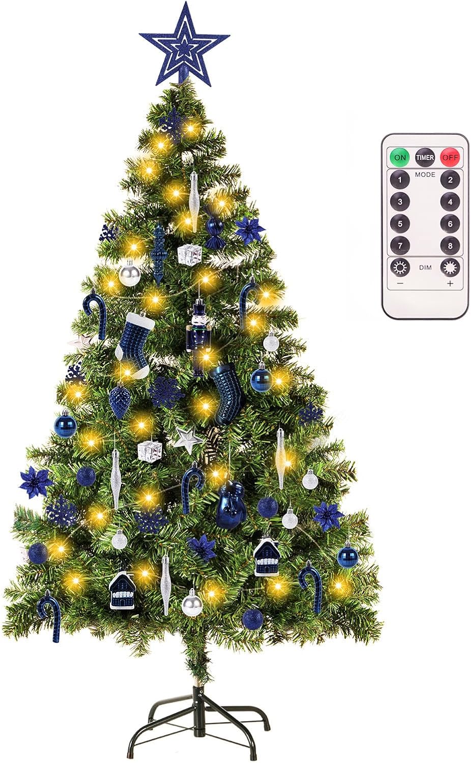 Artificial Christmas Tree with Christmas Tree Decorations Ornaments Set, Fake Christmas Tree Prelit with Lights (8 Modes) and Full Set of Christmas Tree Ornament (Navy Blue+Silver, 5ft)