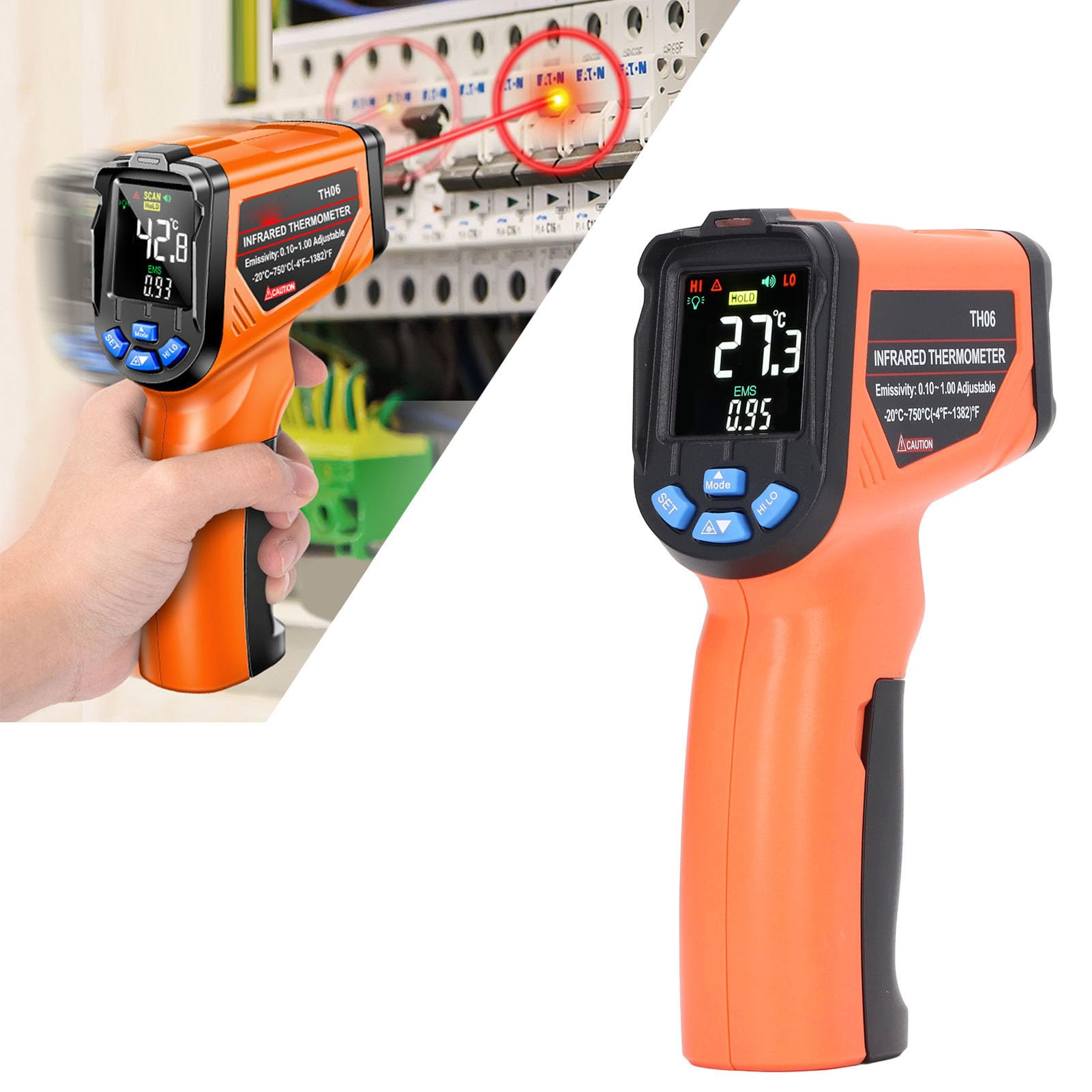 Pistola de temperatura digital HaloVerde Tiger con rango de -20 °C a 750 °C y emisividad ajustable, pistola de temperatura sin contacto con alarma de alta temperatura para uso
