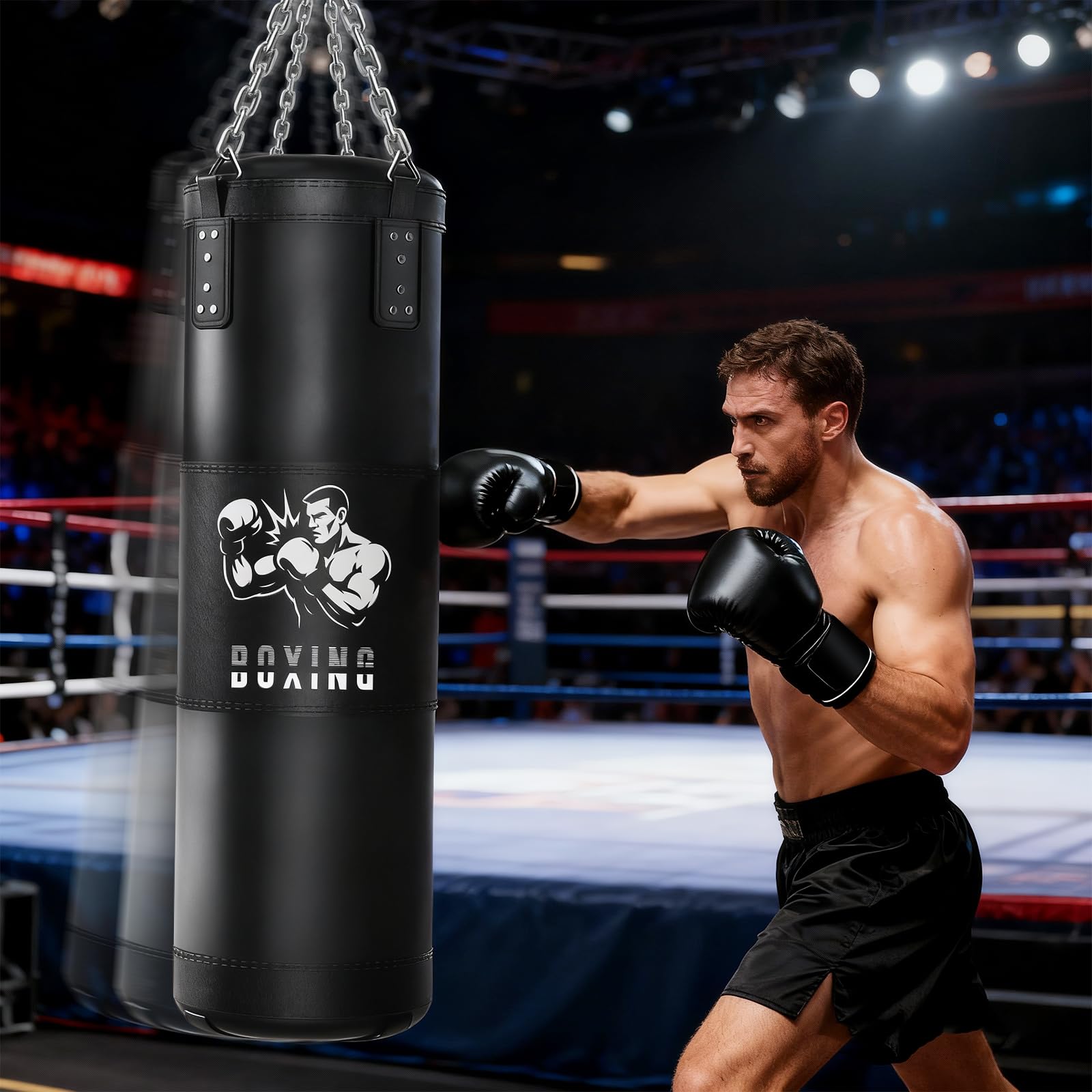 Sac de Frappe Adultes Ninonly 120CM Lourd Sac de Boxe avec Gants de Boxe Appareil de renforcement de la Force de préhension Corde à Sauter pour Kickboxing MMA Muay Thai-Non Rempli