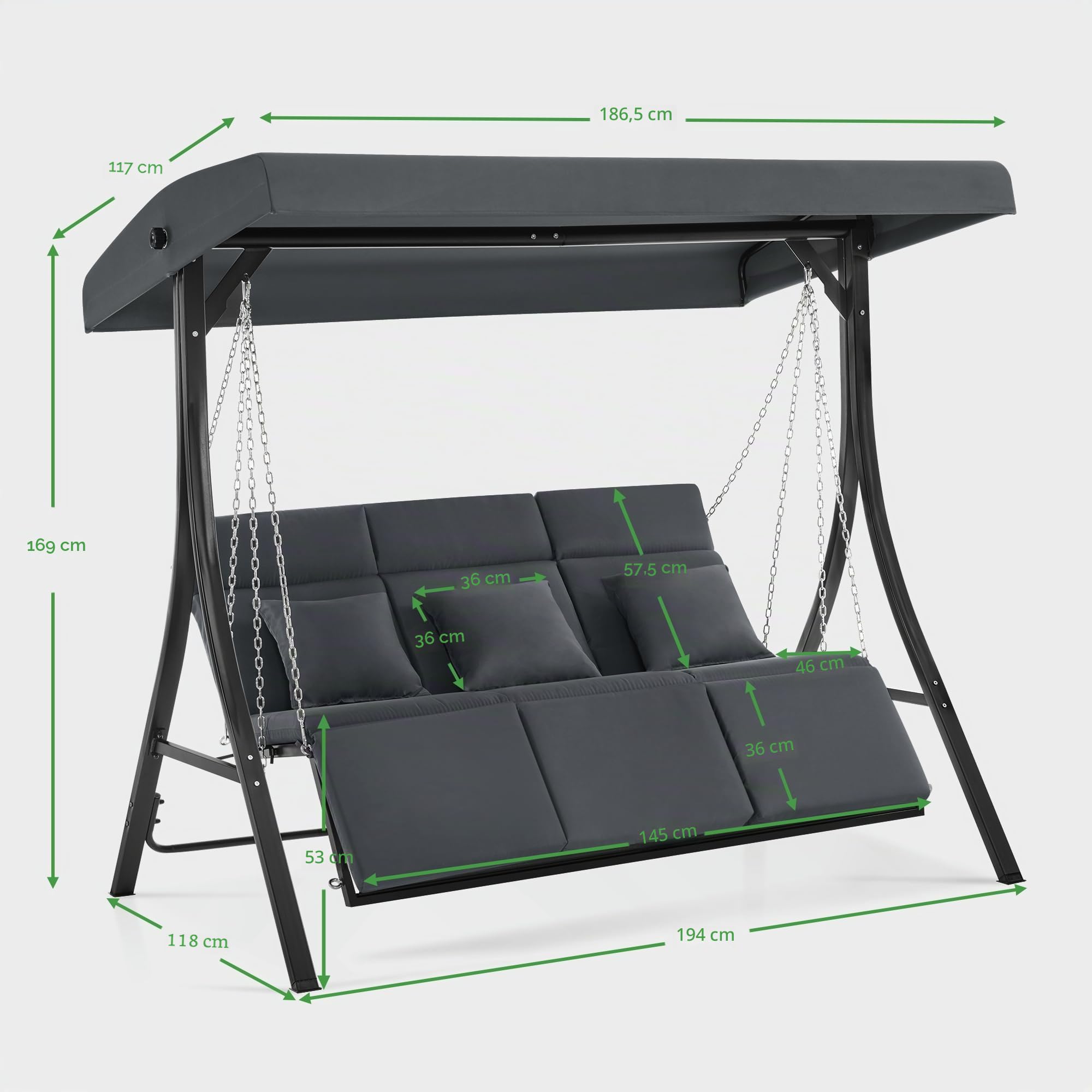 M MCombo Balançoire Hollywood avec Fonction inclinable, balançoire de Jardin 3 Places résistante aux intempéries, Banc balançoire avec chaînes en métal, Toit réglable, 8018 (Gris Gel foncé)