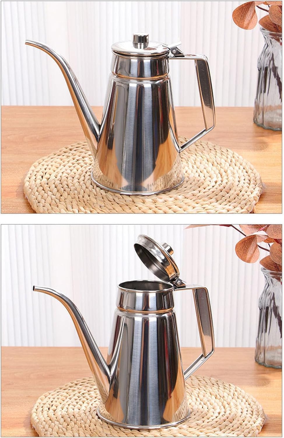 304 Stainless Steel Oil Dispenser 1.2L Leak Proof Olive Oil Container with Long Drip Spout Lid for Cooking BBQ Soy Sauce Vinegar