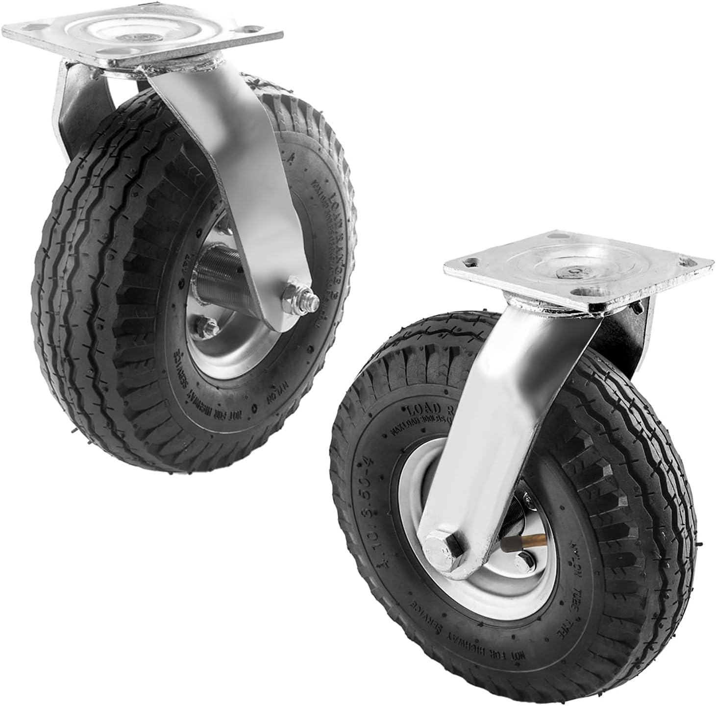(2 Pack) RRQ 10 Inch Caster Wheels, Pneumatic Swivel Caster Wheels with Zinc Top Plate 360 Degree Rotation for Cart, Dolly, Trolley, Workbench and Wagon, Black Rubber Wheels, 600 Lbs Total Capacity
