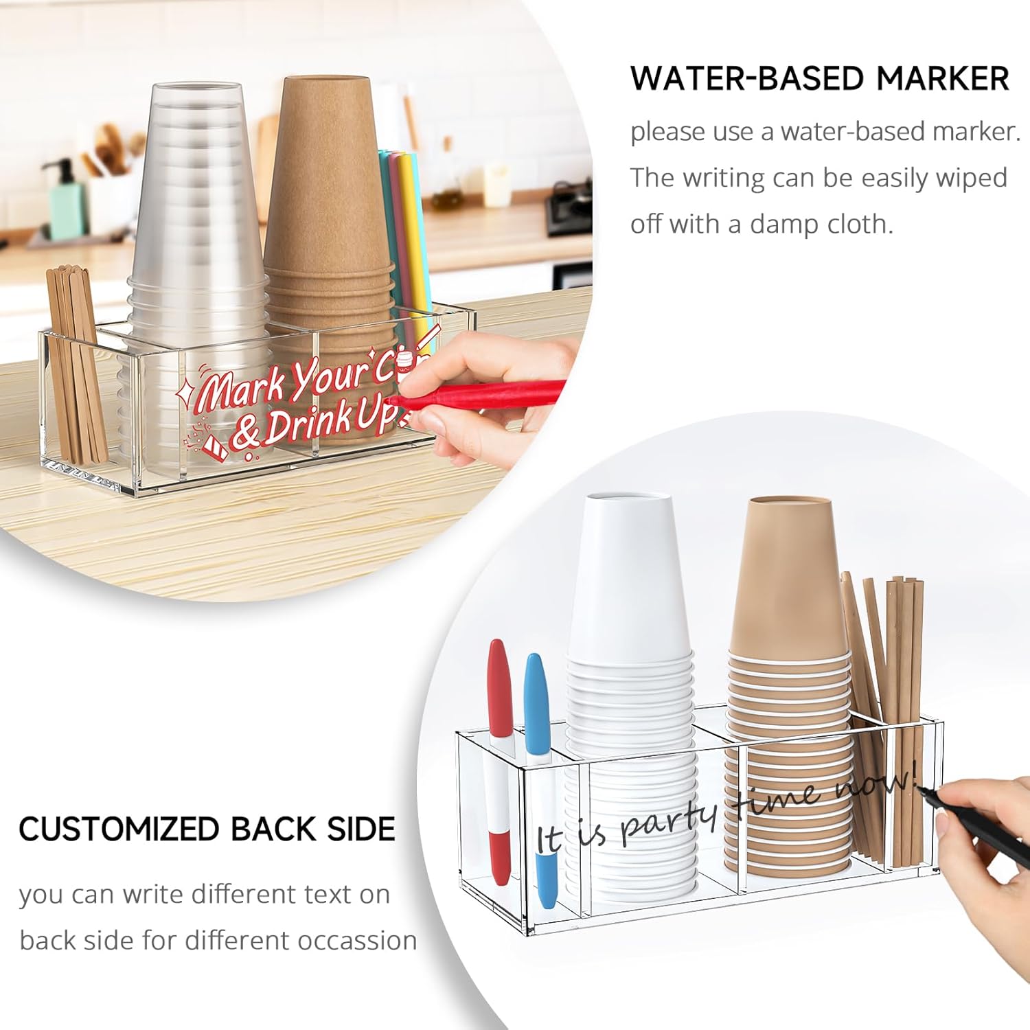KOTEMON Cup Holder with Marker Slot - Mark Your Cup and Drink Up Countertop Double Cup Holder Organizer Compatible with Solo Cup, Party Decoration Bathroom Kitchen Bar Picnic Gathering, Clear Acrylic