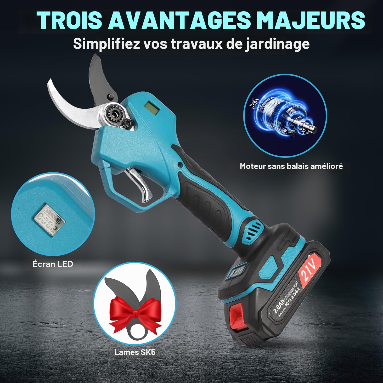 secateur electrique sans fil 50 mm : sécateur à batterie avec écran, 2 batteries de 2000 mAh, 2 lames SK5, 3 tailles d'ouverture (20/30/50 mm) pour vergers, jardins et fermes
