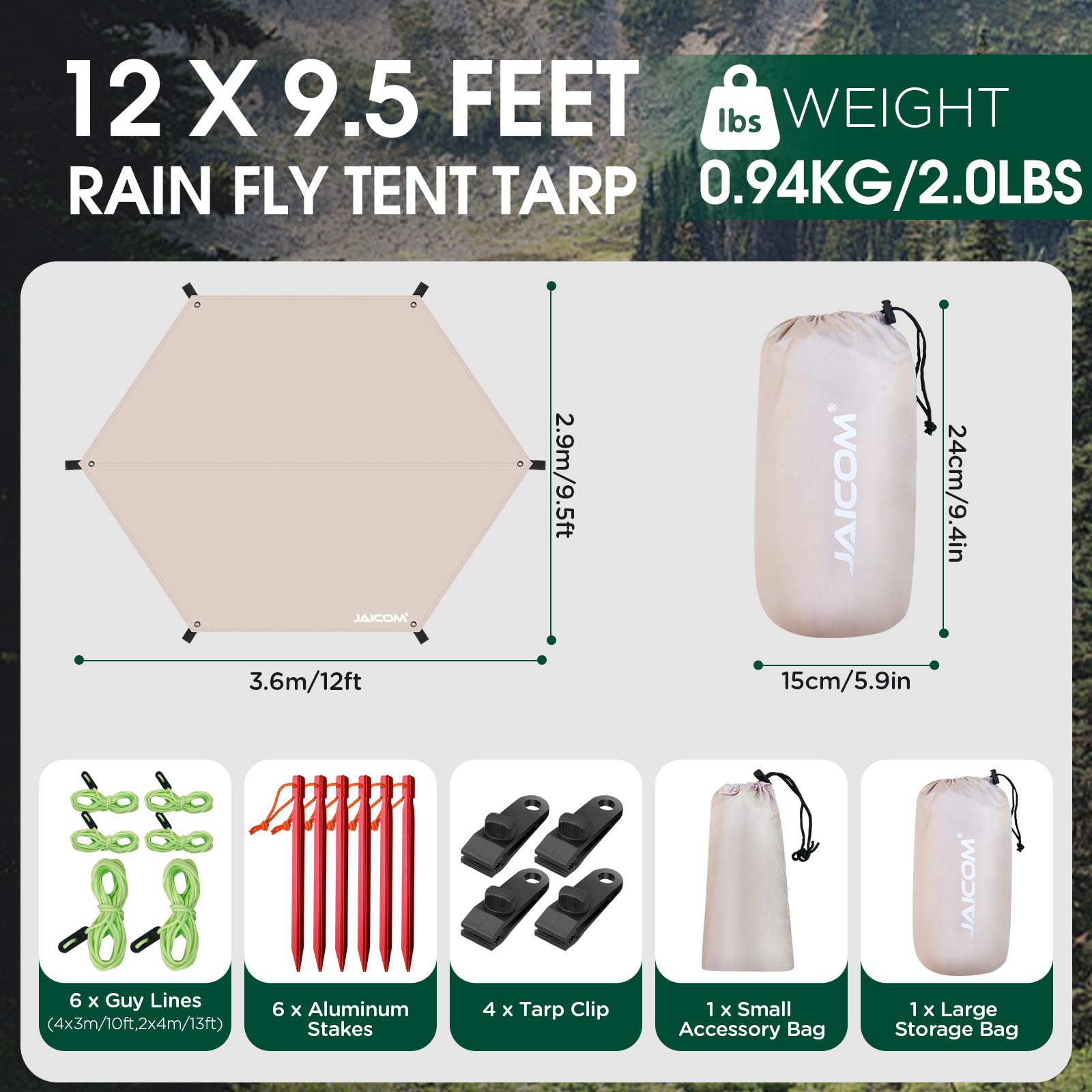 JAICOM Tarp Wasserdicht, 3.6x2.9m Ultraleicht Camping Zeltplane, Anti-UV Sonnen Regen Schutz Schnee, Sonnensegel mit Öse, Nylonseile, Aluminiumstifte, Zelt Clips, für Hängematte Picknick Wandern