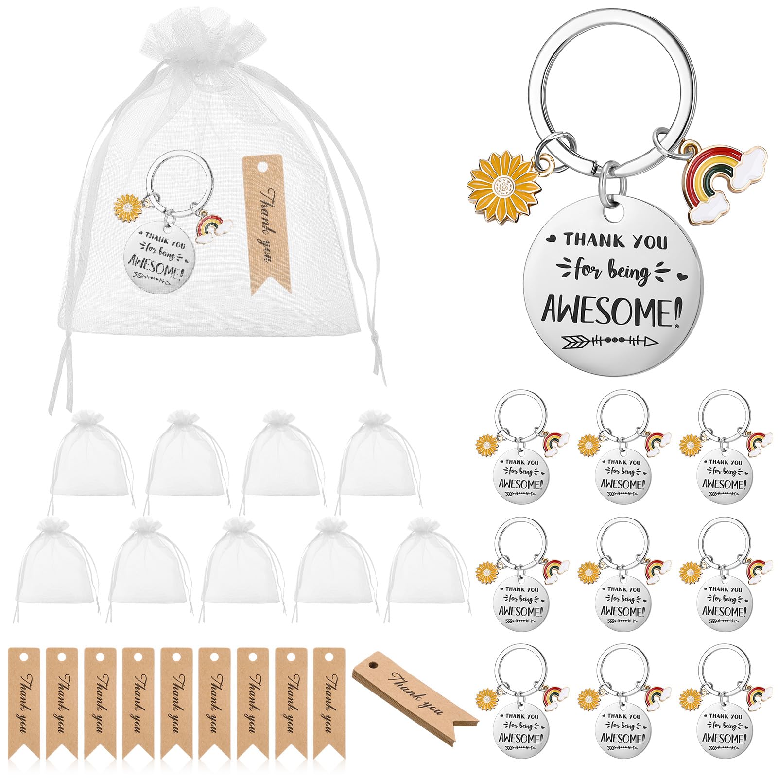 Partideal 10 Sets Thank You Keychain Gifts Thank You for Being Awesome Keyring Gifts with 10 Pcs Organza Bags and Thank You Cards Appreciation Gifts for Teacher Friend Family — image 1