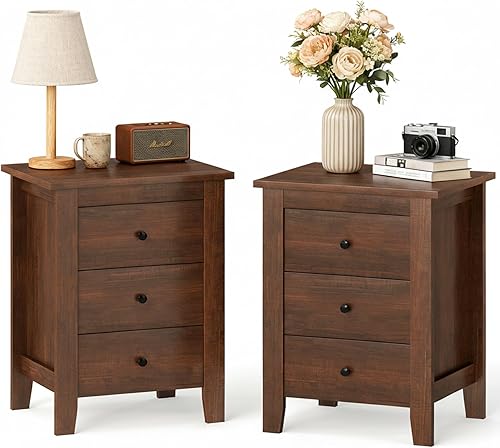 Miniatura 10 de Safeplus Mesita de noche, mesa auxiliar con 3 cajones, armario de almacenamiento para dormitorio, mesa auxiliar de madera, patas de madera maciza