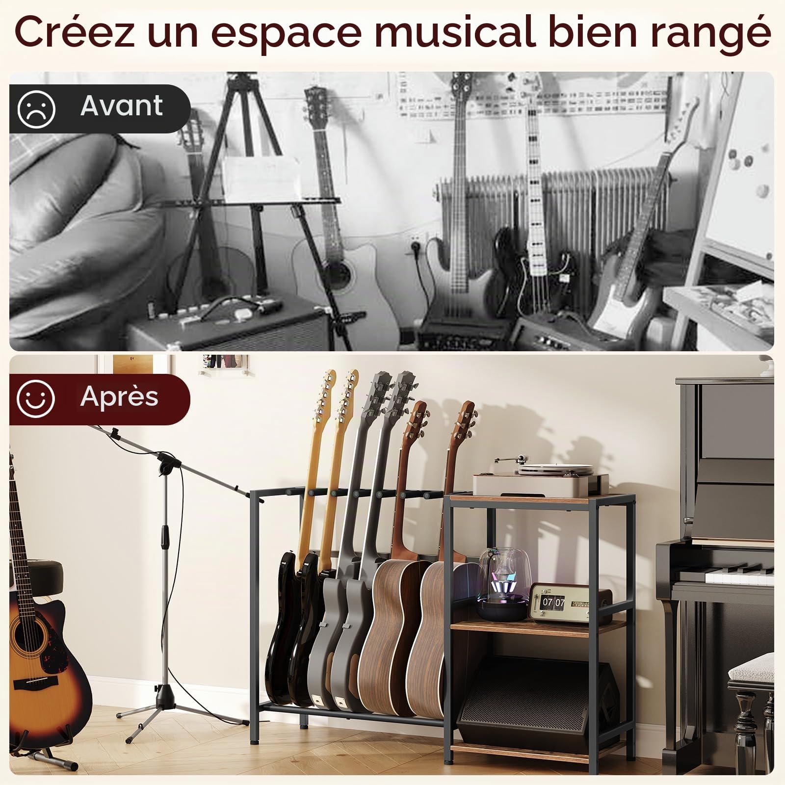MAHANCRIS Support de Guitare, Stand pour 7 guitares acoustiques, basses, électriques, Présentoir avec rangement, enveloppé de mousse, pour studio de musique, Marron Rustique et Noir AGSHR9701N1