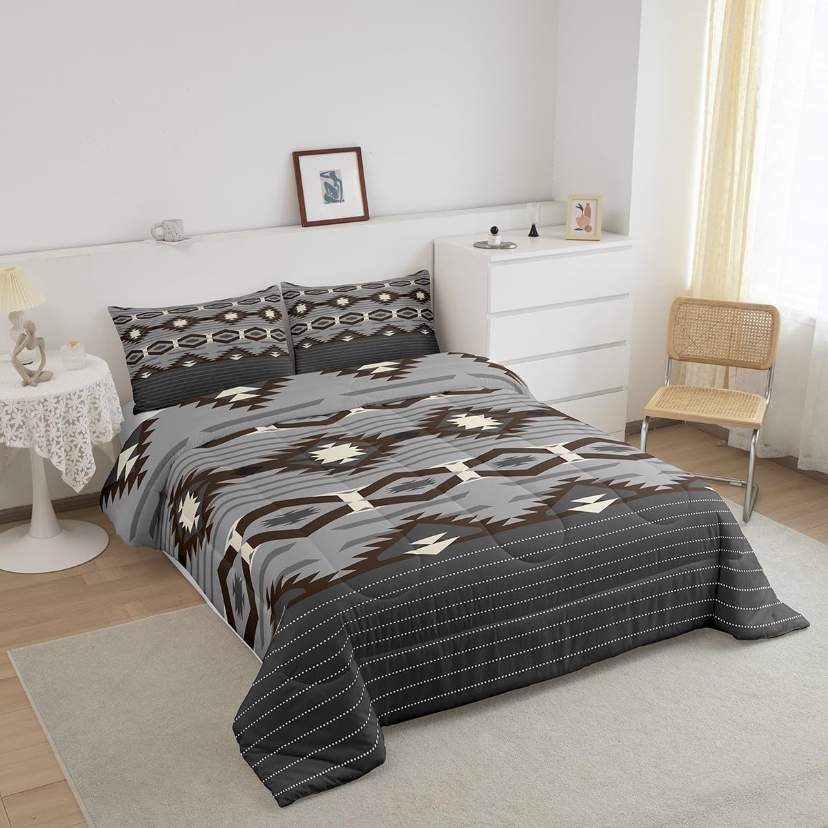 Feelyou Boho Comforter Set Twin Size Southwestern Geometric Comforter Set Southwest Native American Design Bedding Set Southwestern Native Aztec Duvet Set Grey Quilt Set