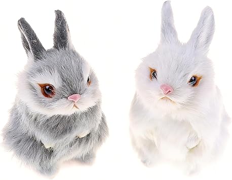 GUDVES Mini Realistic Cute Plush Rabbits Fur Lifelike Animal Easter Bunny Simulation Toy Model Gift Miniatures Decorations White+Gray